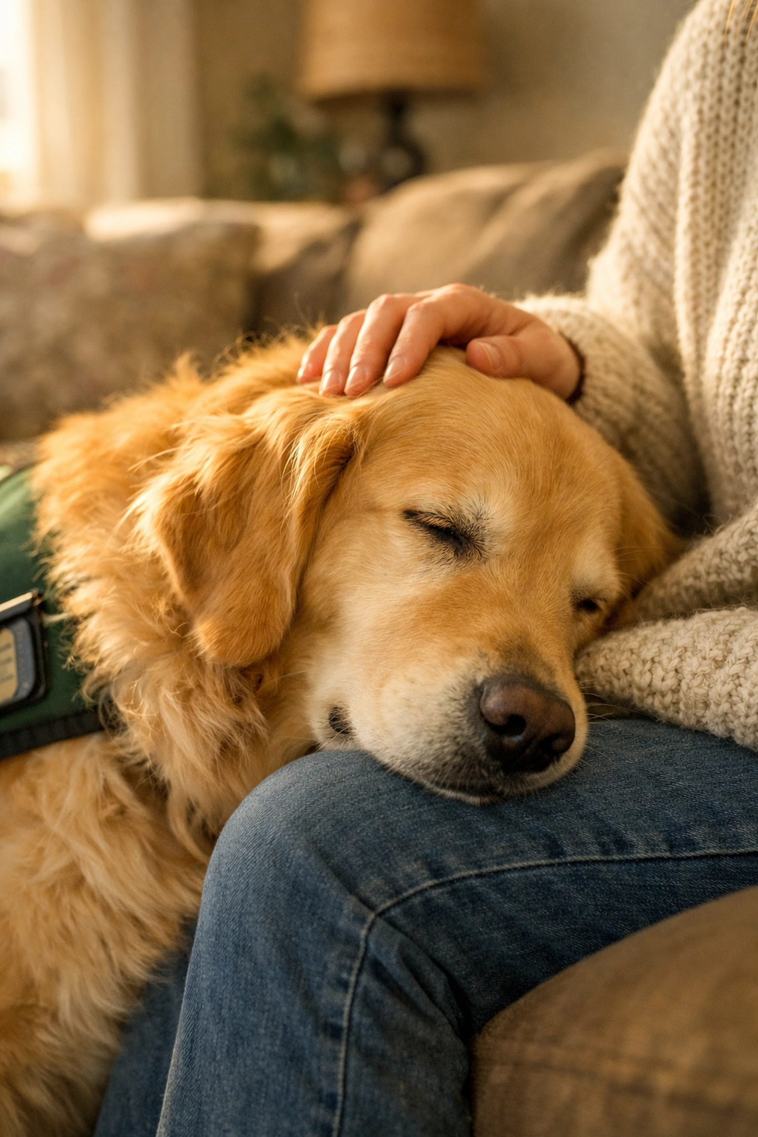 A gentle therapy dog Golden Retriever leaning on a person's knee to provide emotional support and comfort.
