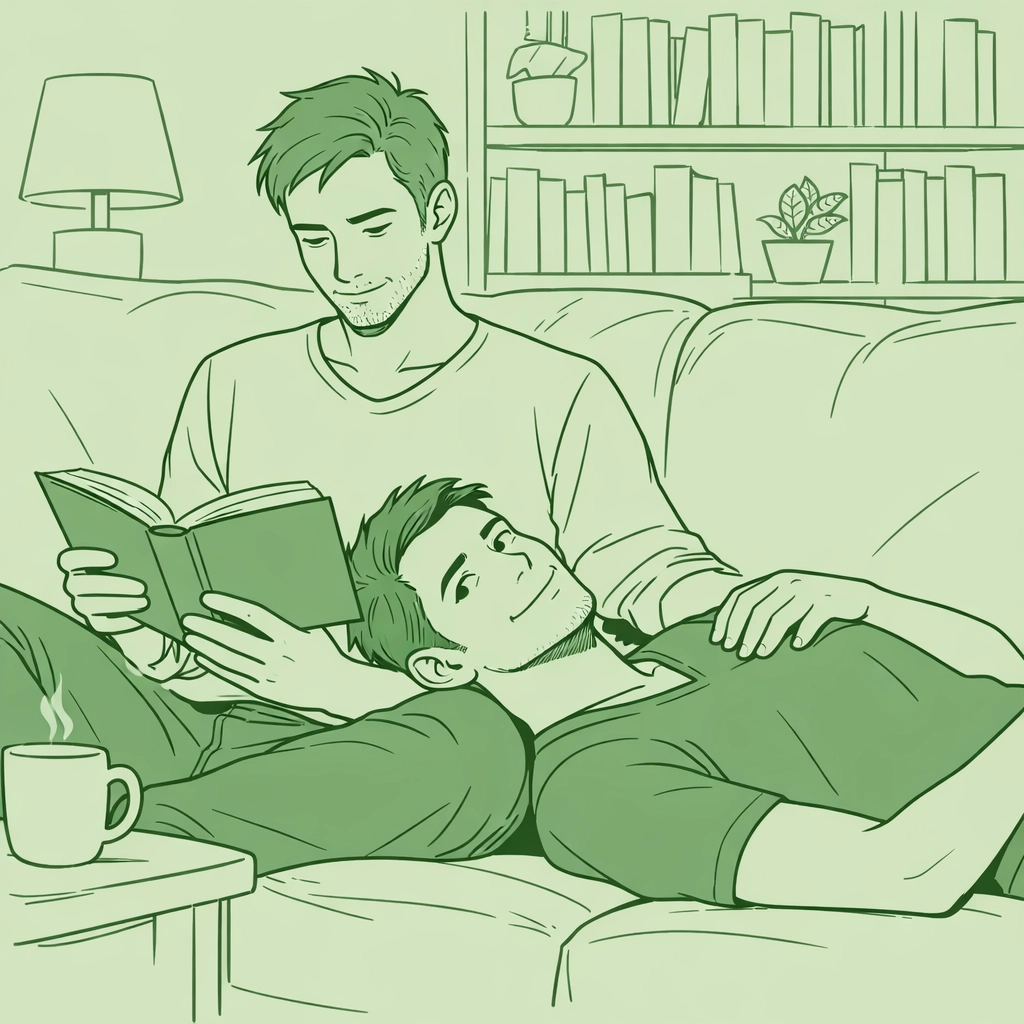 Two men lounging in a library, highlighting the emotional bond and found family themes common in MM fiction.