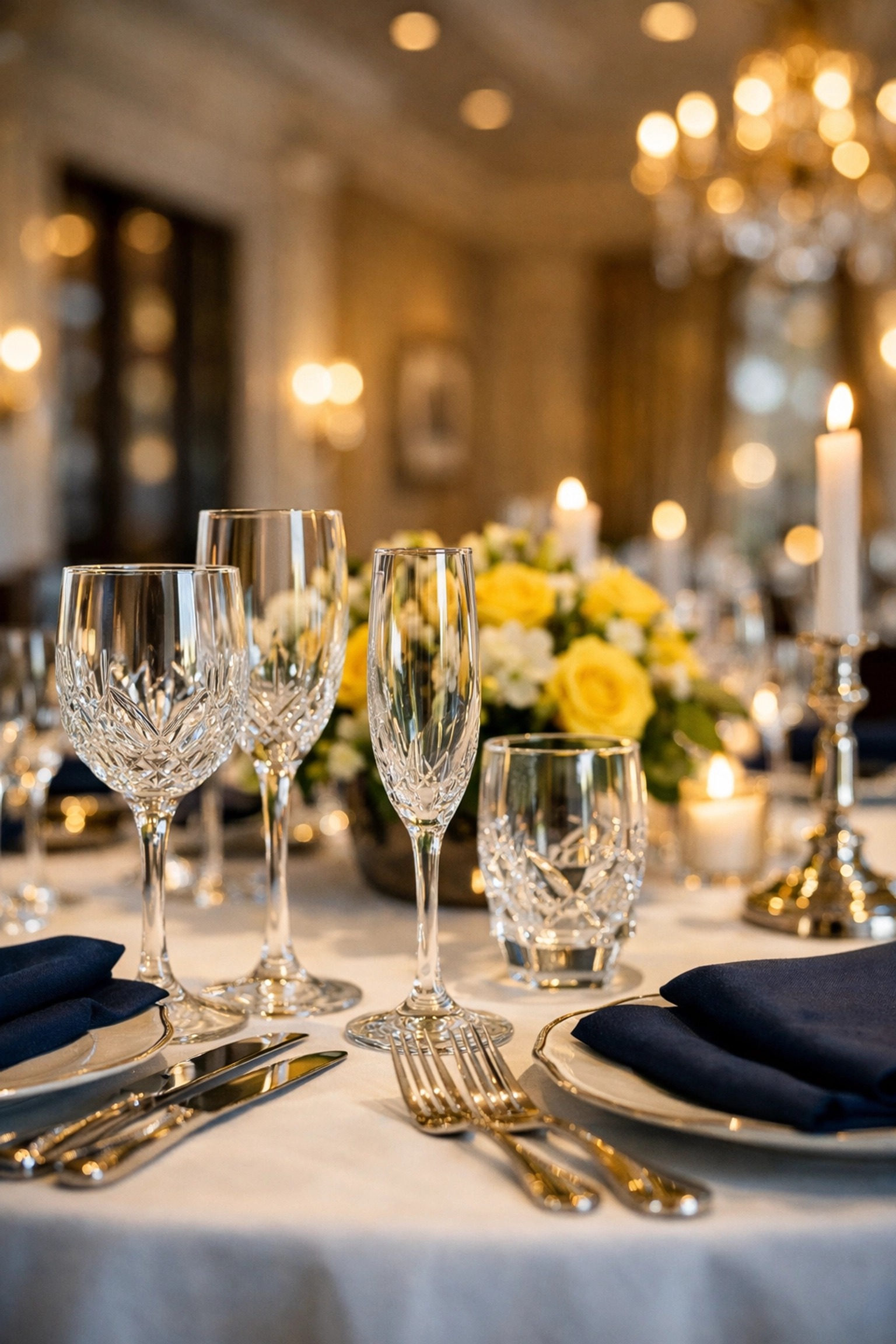 Polished crystal and silver on a luxury dining table, showcasing premium residential cleaning Massachusetts.