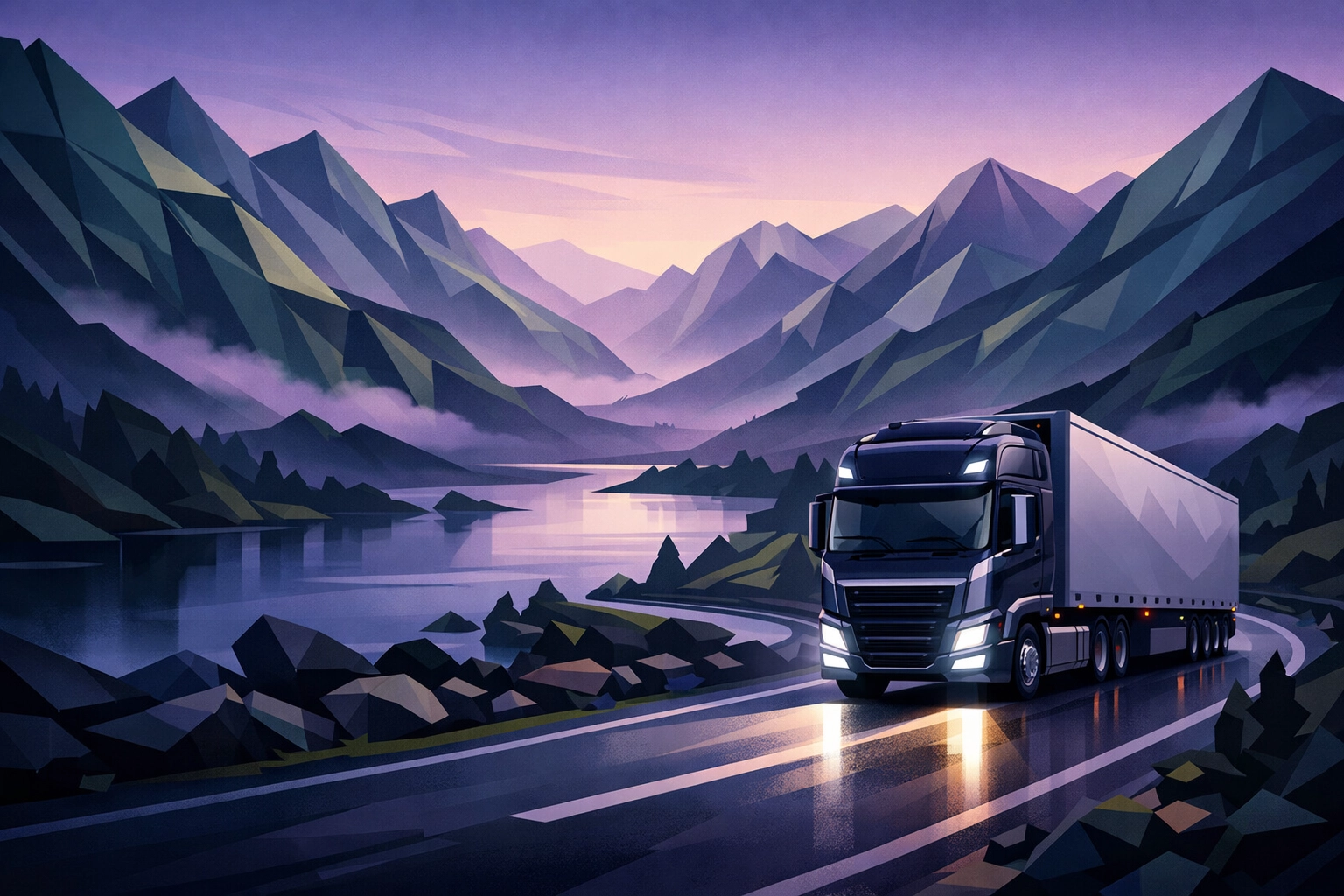 An HGV truck driving through a scenic North West route toward the Lake District.