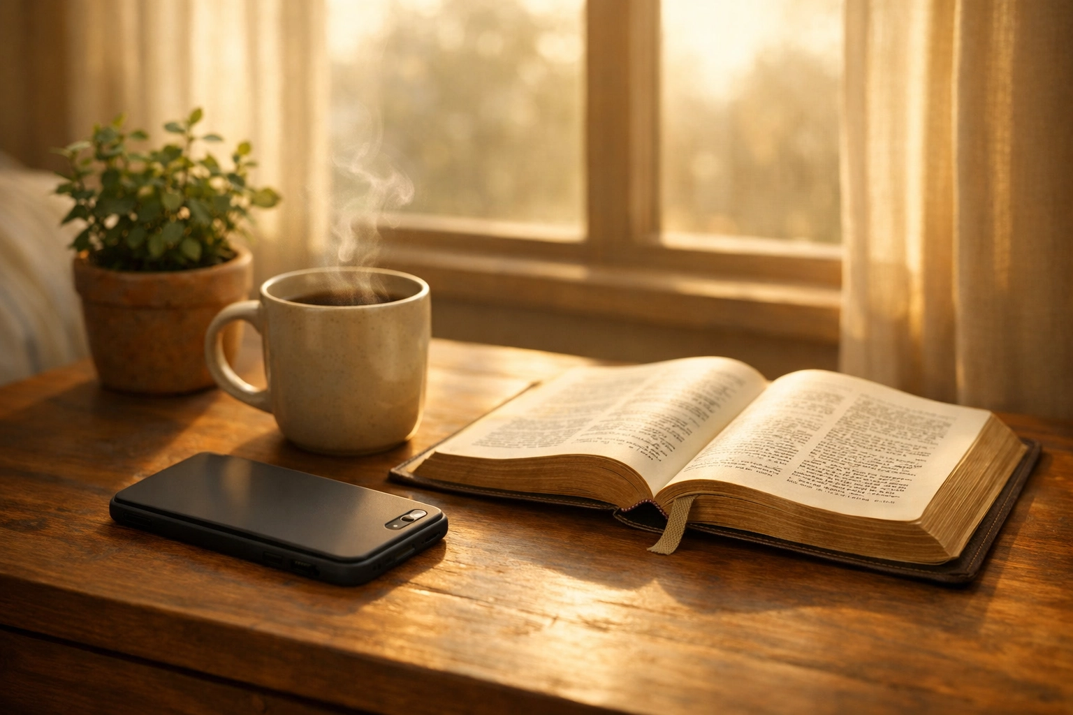 Smartphone face-down beside open Bible and coffee on bedside table in morning light