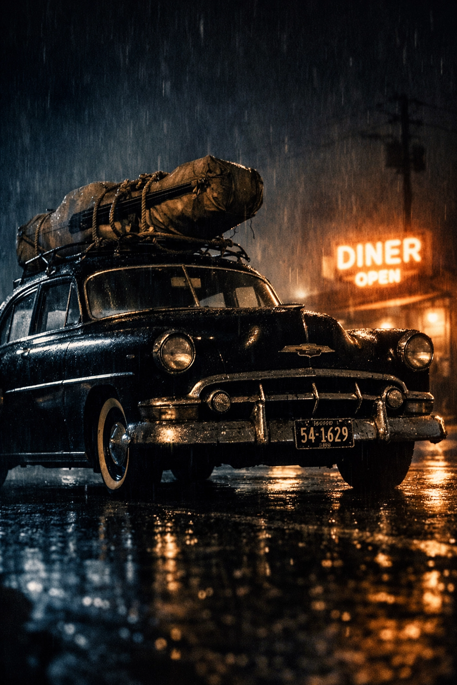 Vintage car with a double bass on the roof, capturing the grit of Elvis Presley's early Sun Records era touring.