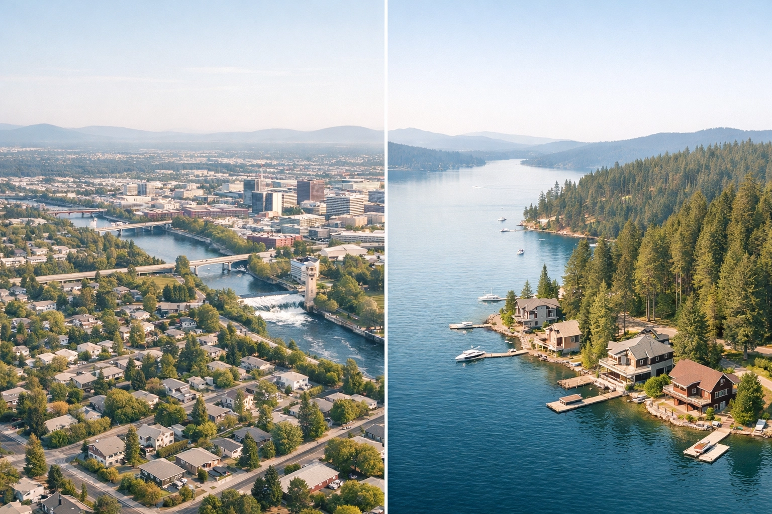 Aerial comparison of Spokane County urban neighborhoods and Kootenai County lakefront real estate