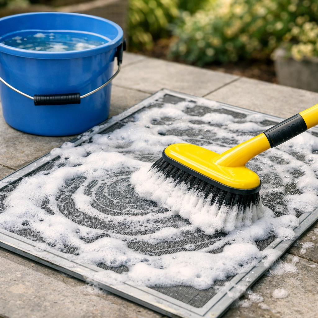 Deep cleaning a window screen with soapy foam and a soft brush on a backyard patio.