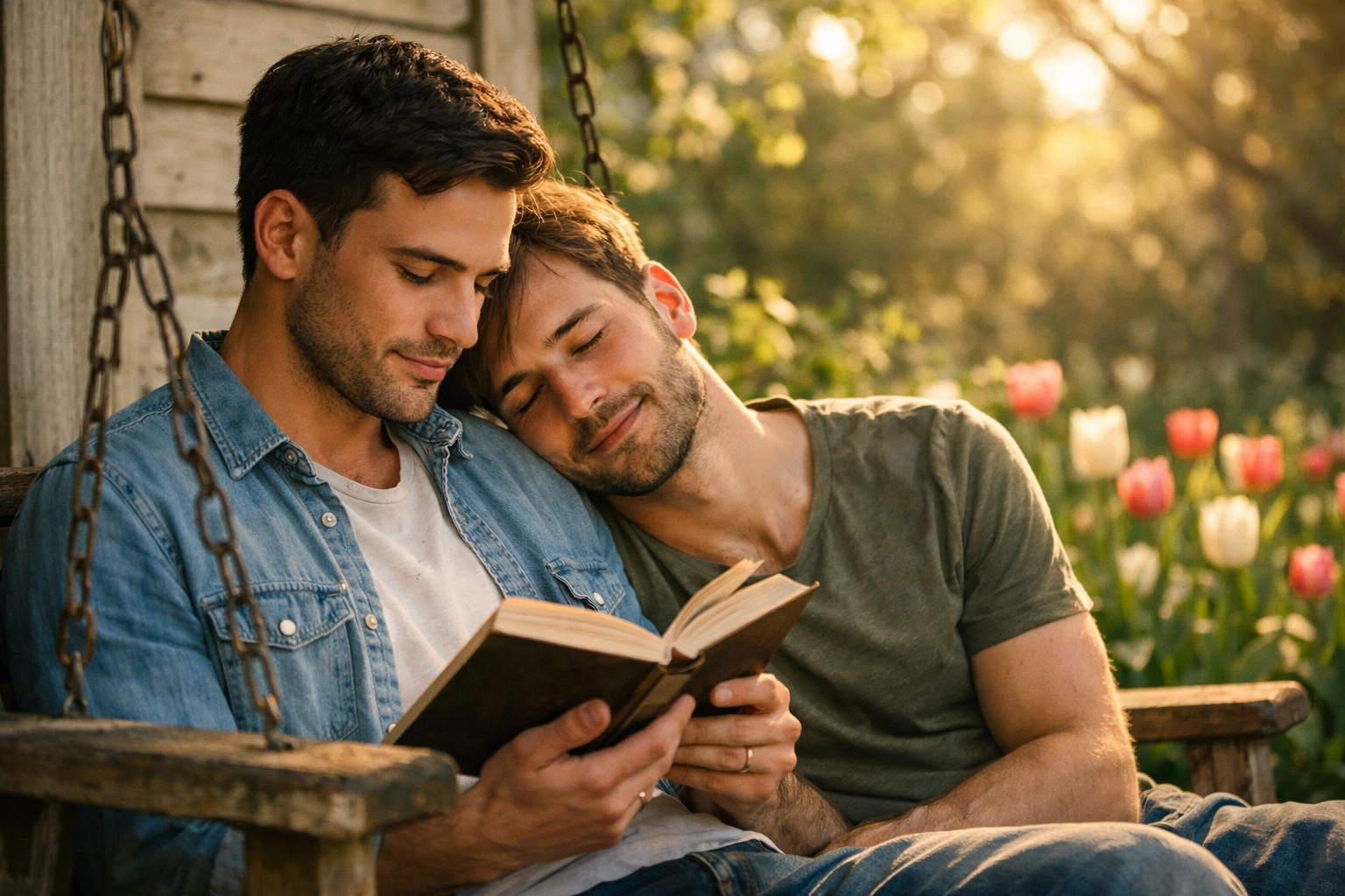 Two men enjoying quiet intimacy and MM romance books on a sunlit porch, representing a peaceful new beginning.
