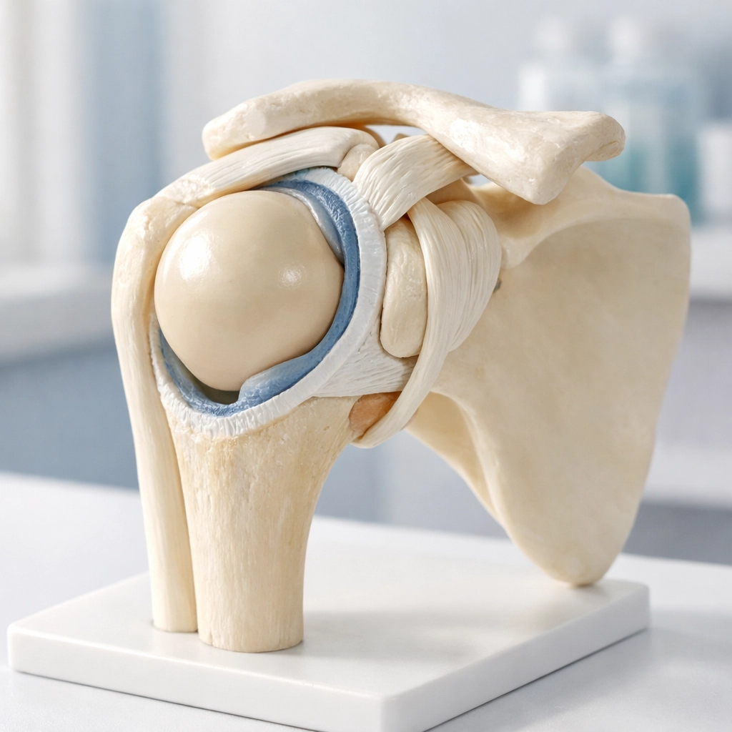 Anatomical model of the shoulder joint showing the ball-and-socket structure and ligaments involved in shoulder instability