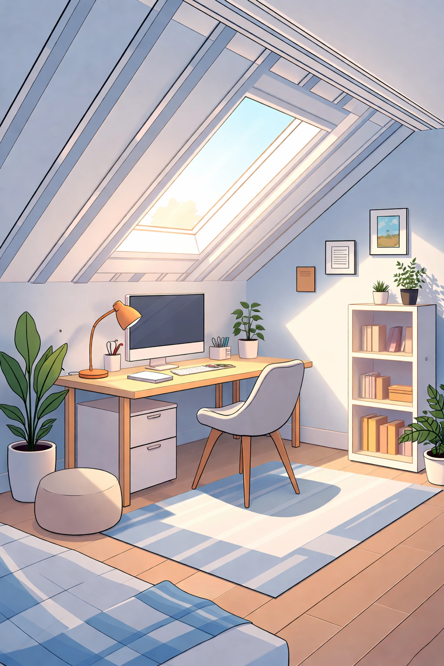 Modern loft conversion with multifoil insulation on rafters, featuring a stylish home office under natural light.