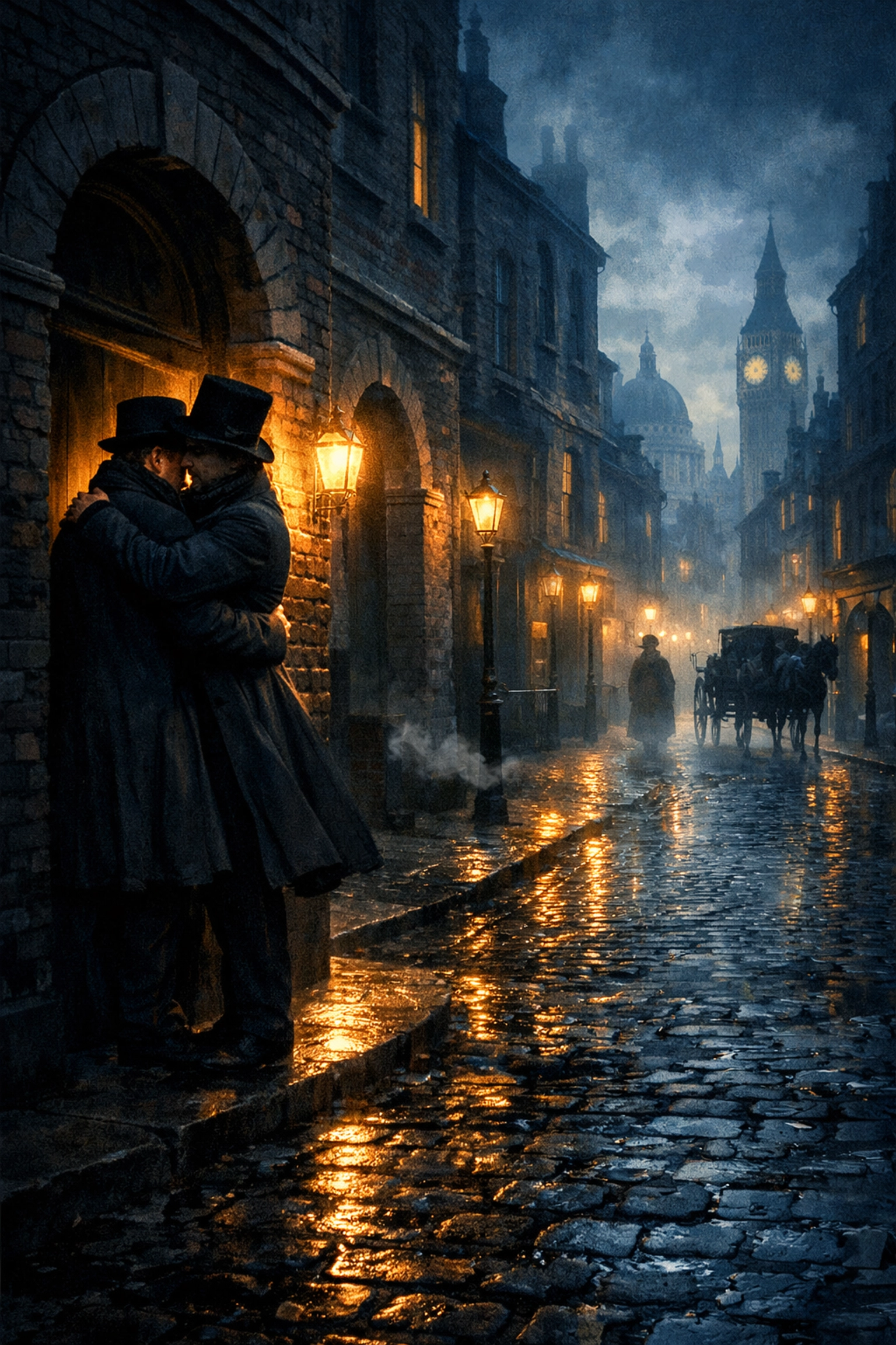 Victorian gay couple embracing in shadowed London doorway during persecution era