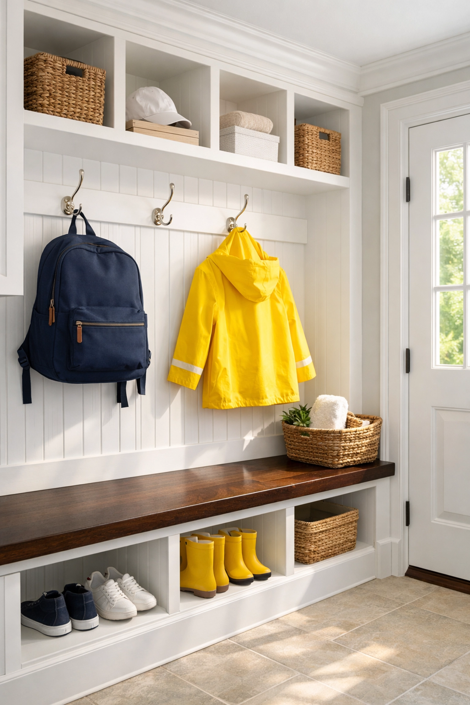Sanitized mudroom in a Hopkinton home, part of a comprehensive house cleaning for a healthy family.