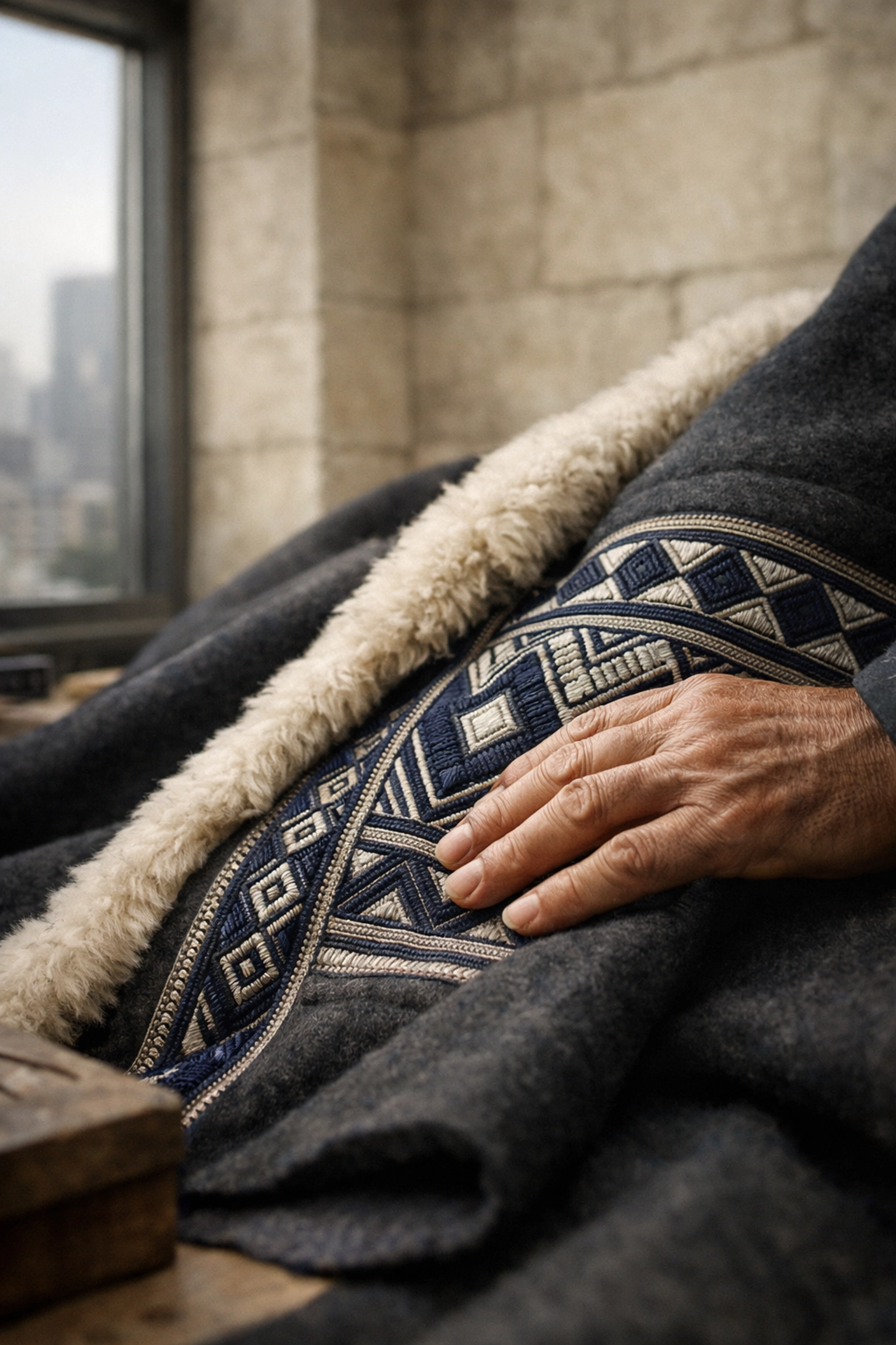 Handcrafted ethical luxury farwa coat with silk embroidery in an Amman design atelier, Jordan fashion.