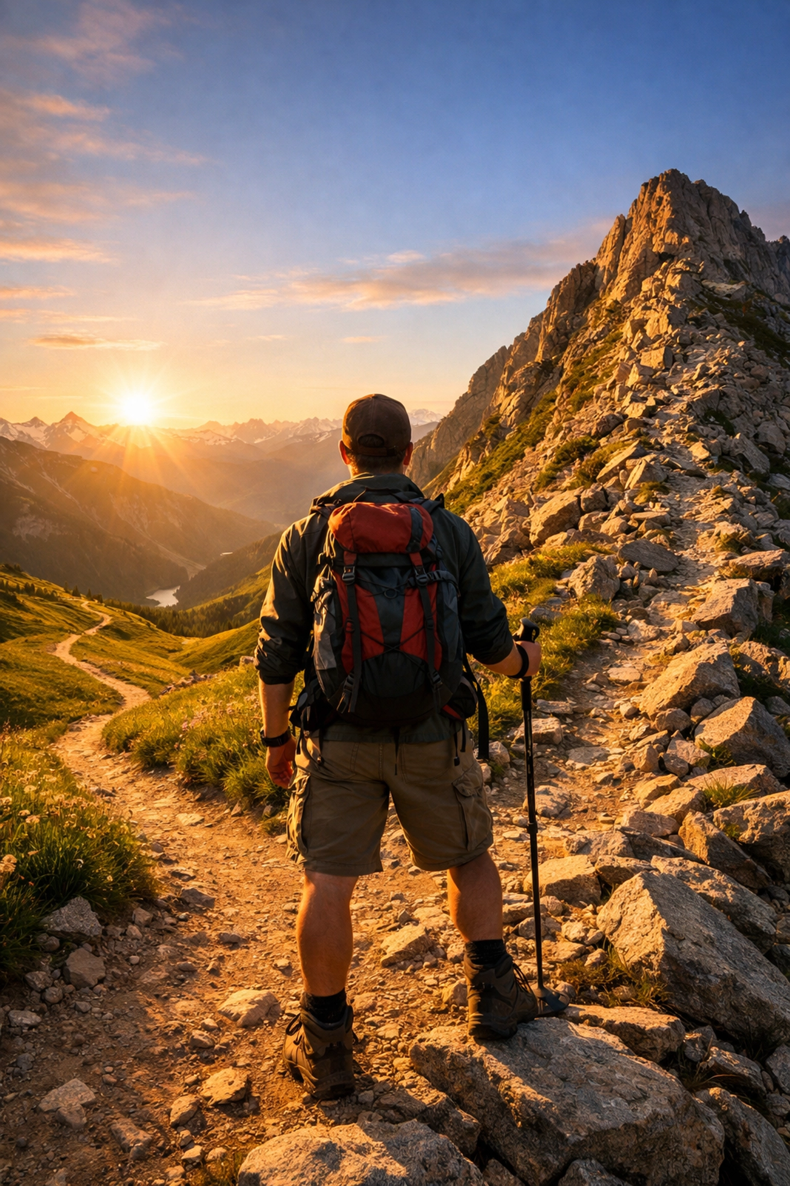 A hiker at a trail fork deciding between two paths, representing the choice of debt payoff strategies.