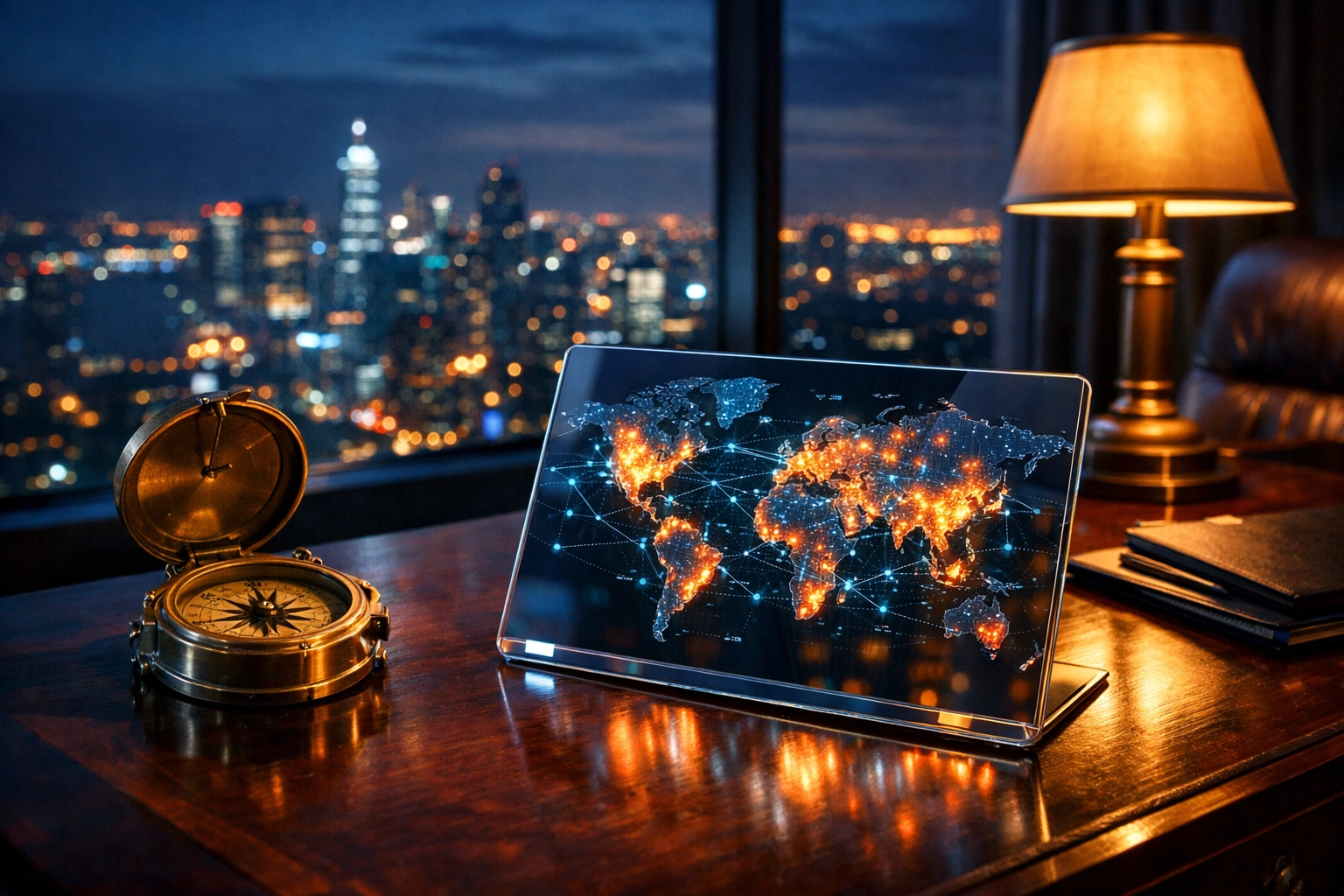 A professional workspace with global data maps showing institutional risk mitigation and hedge fund strategies.