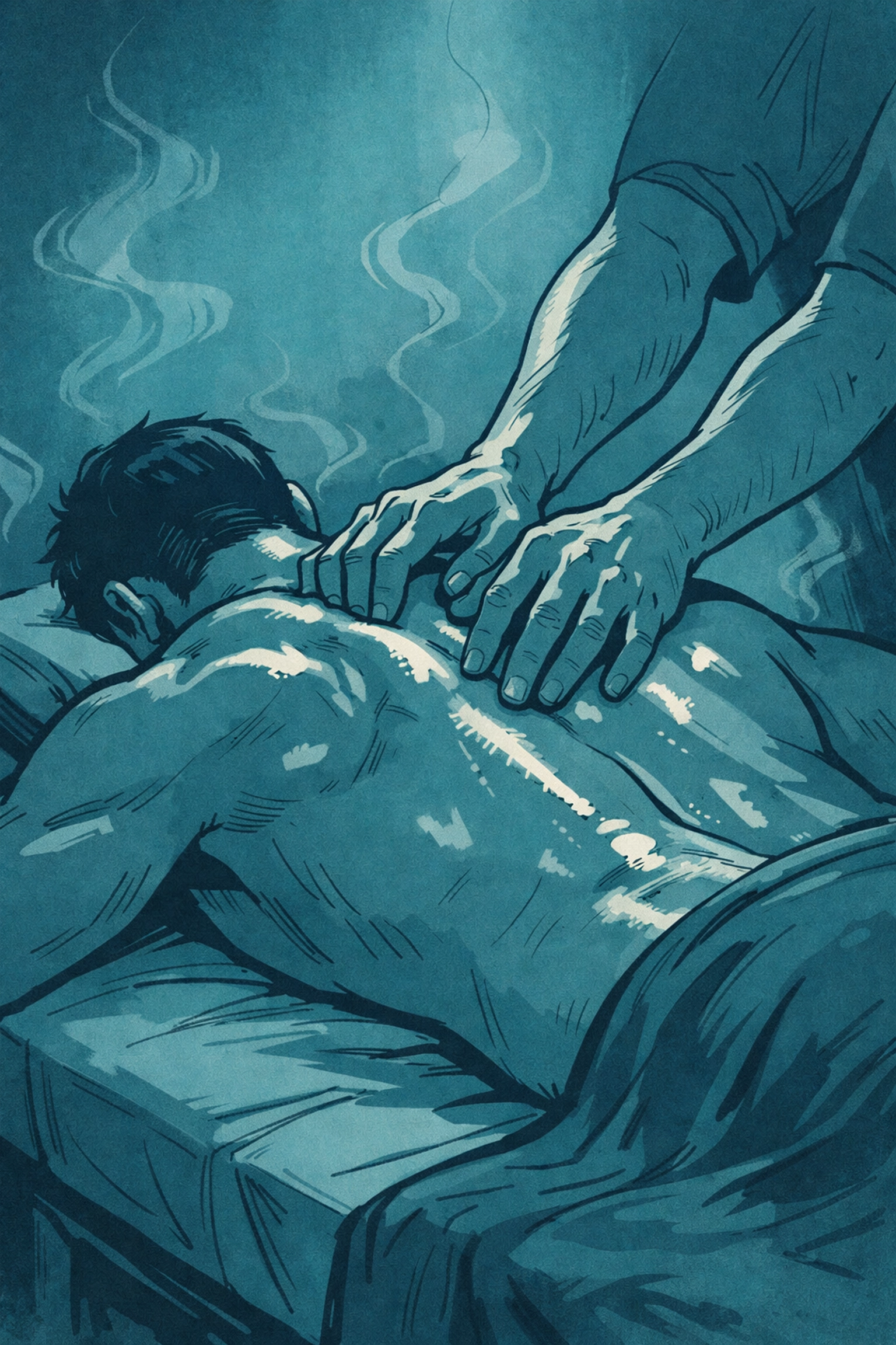 Male receiving first massage in gay sauna under blue light