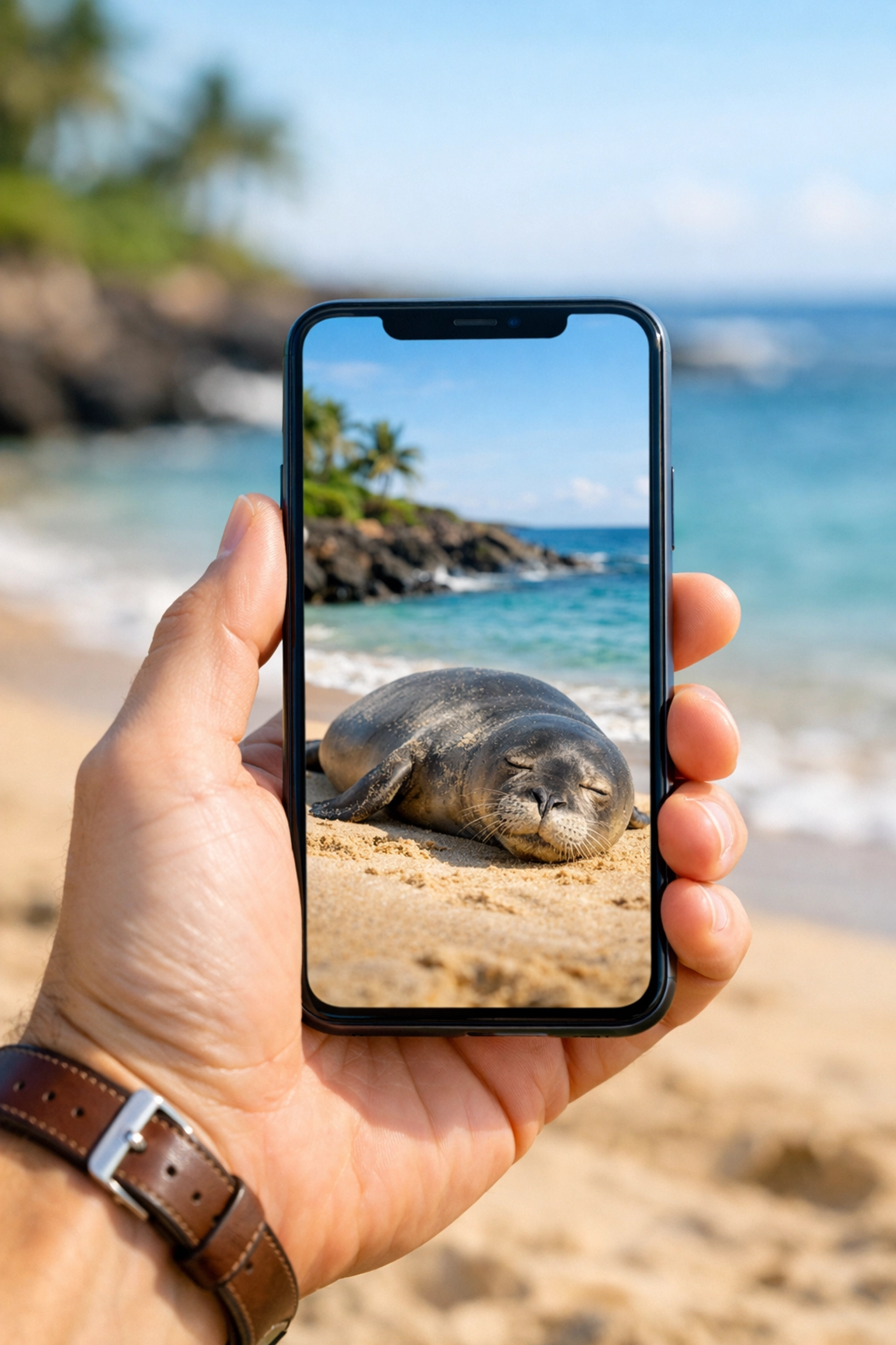 A mobile phone displaying a species spotlight image of a Hawaiian monk seal on a tropical beach.