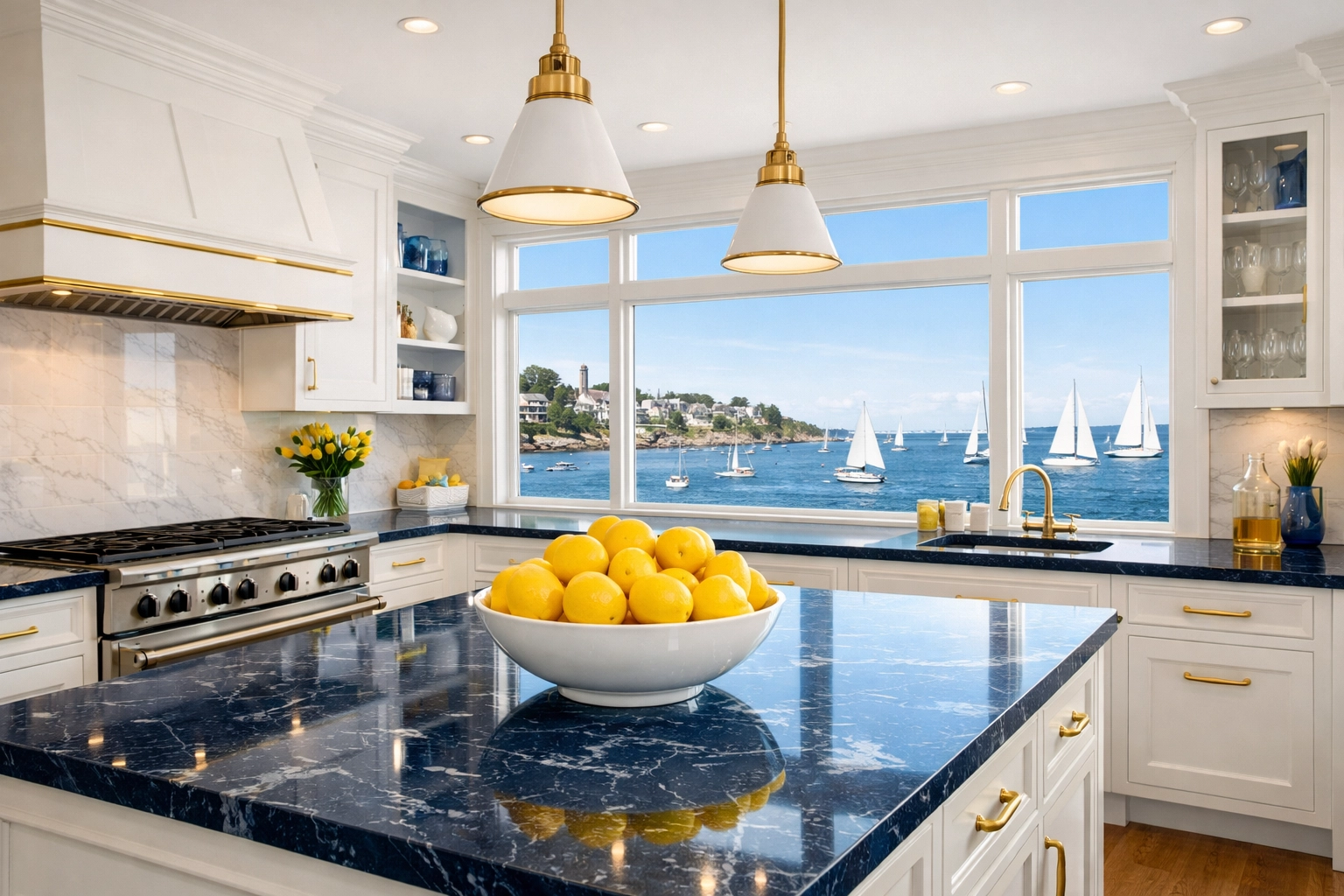 Spotless luxury kitchen overlooking Marblehead Harbor after professional house cleaning service in Marblehead MA.