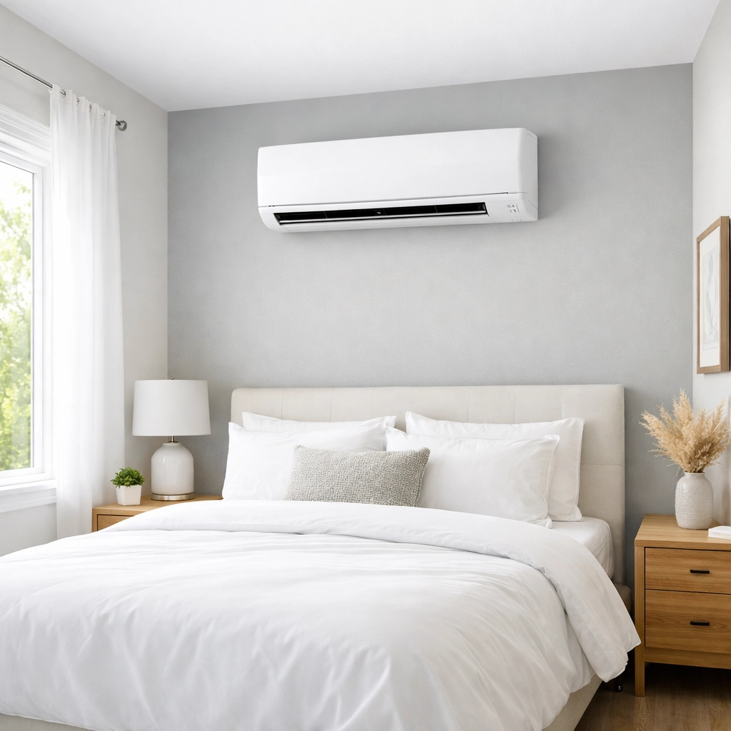 Sleek white ductless mini-split air handler installed in a modern bedroom for optimal climate control.