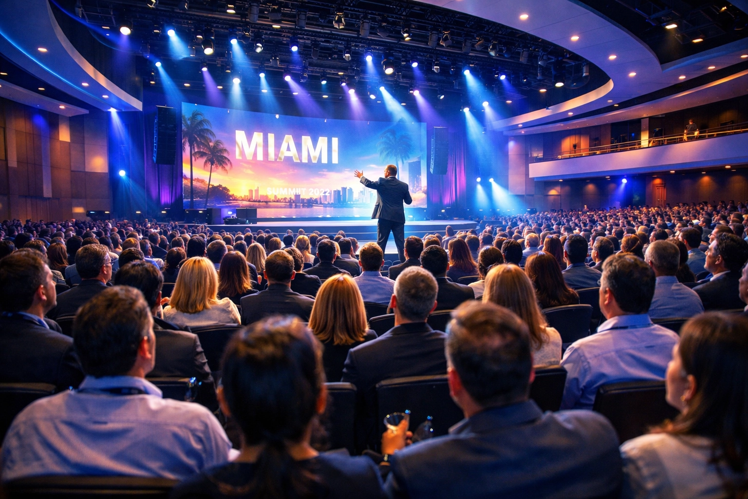 High-energy corporate conference in a Miami auditorium captured by a professional event photographer.