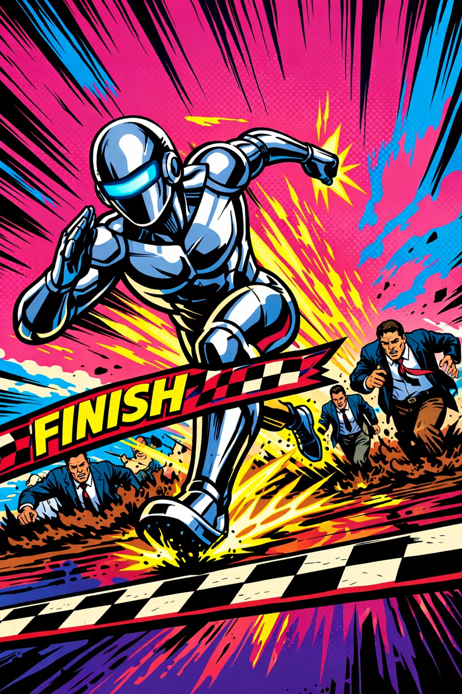 AI virtual assistant for business racing across a finish line while competitors struggle in mud.
