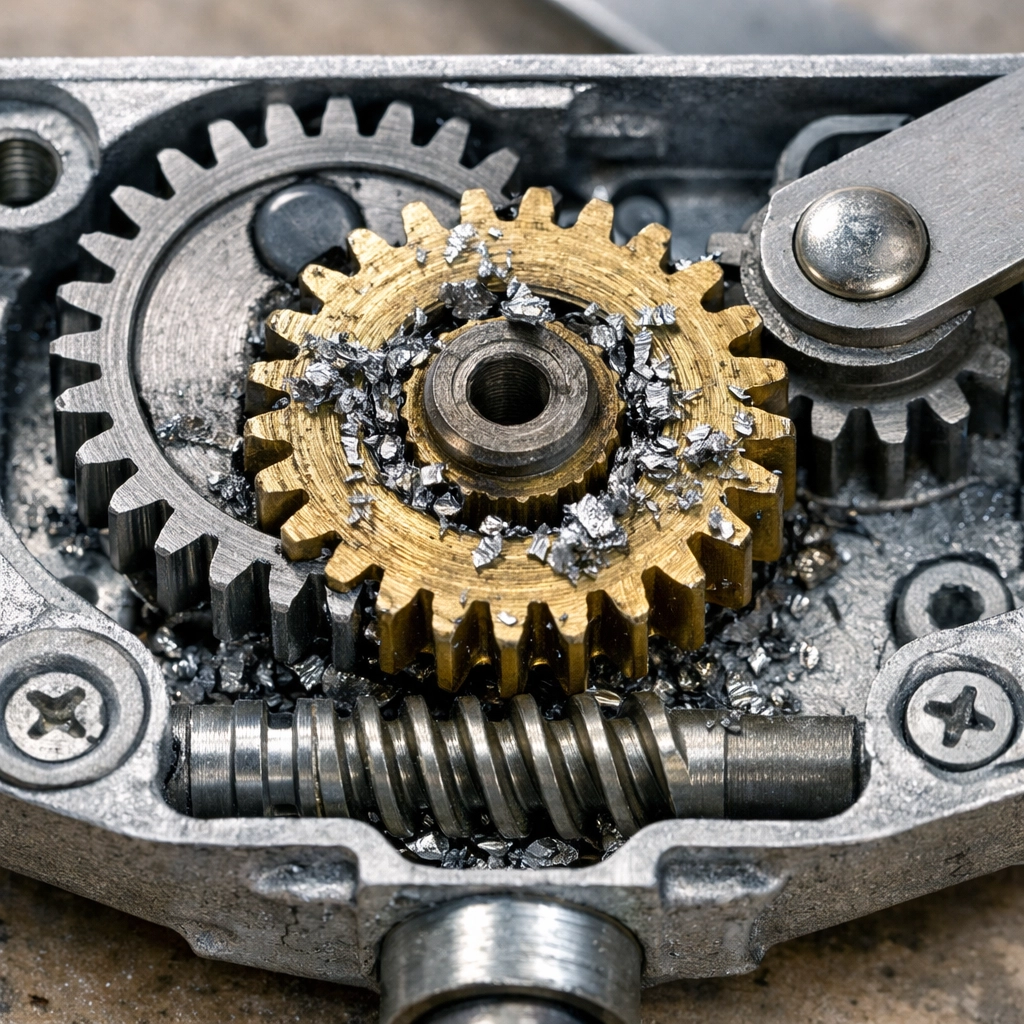 Detailed view of stripped gears in a casement window operator needing professional repair.