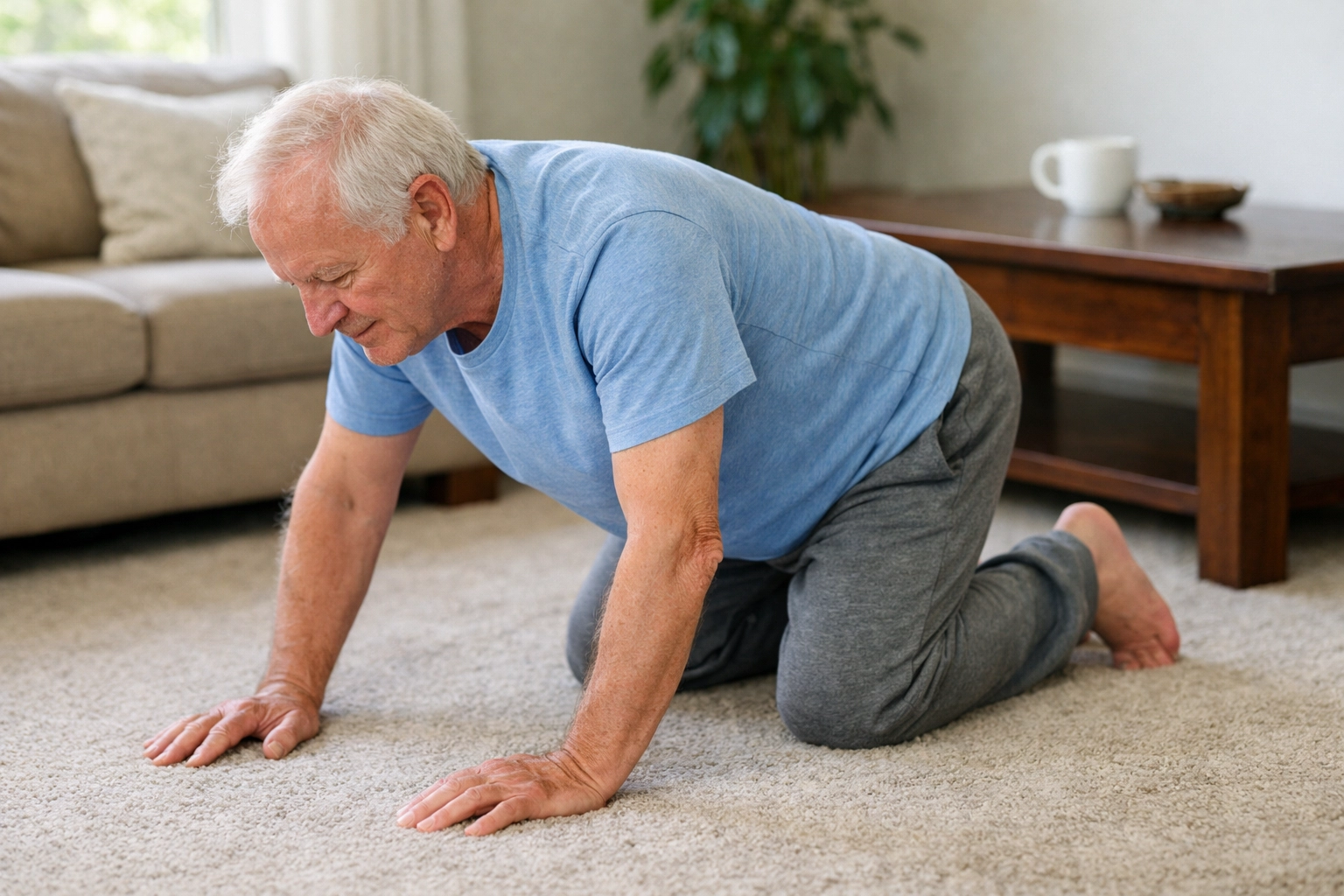Senior man moving from side position to hands and knees after a fall