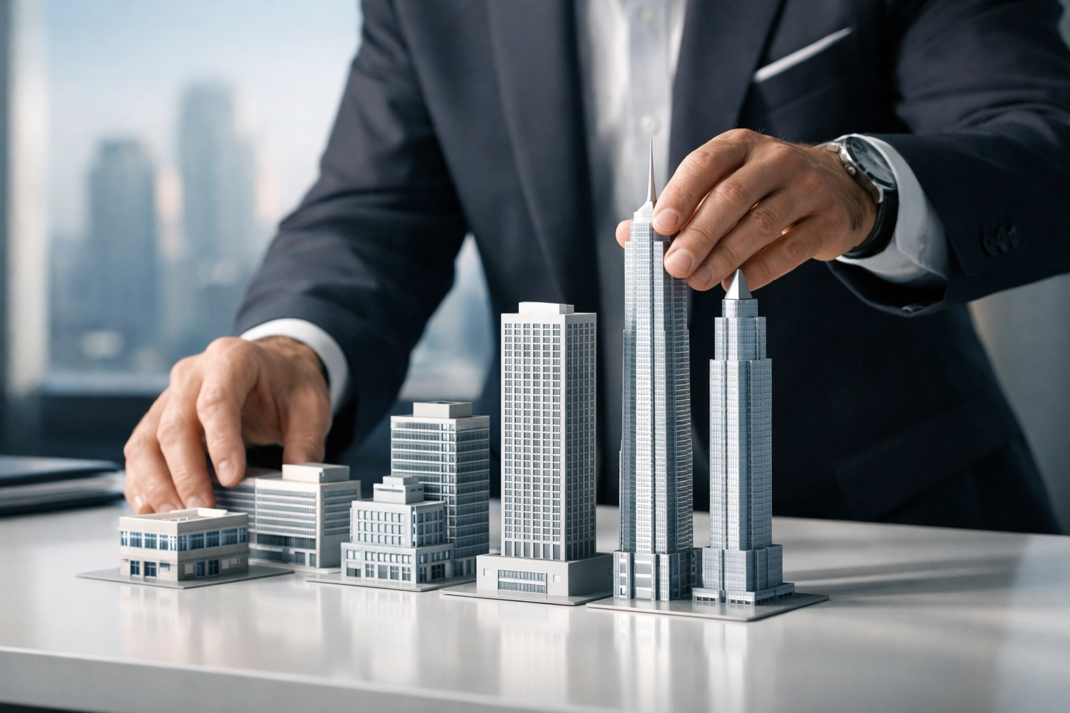 Building models showing different private equity deal sizes and investment scales