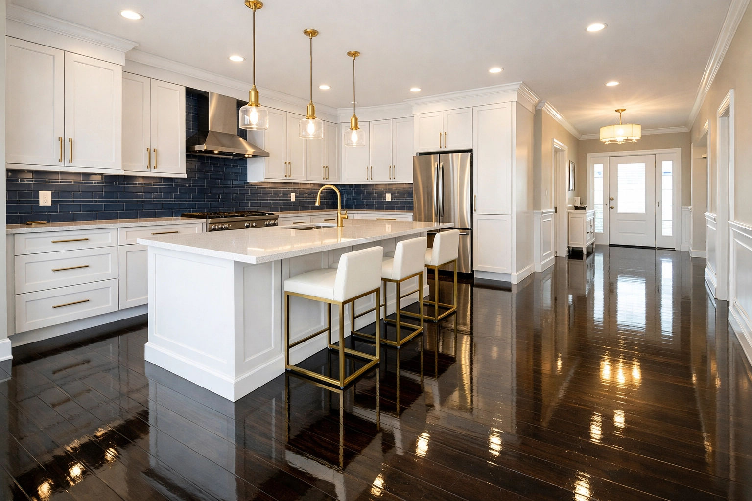 Impeccably clean luxury kitchen with polished hardwood floors following a deep move-in cleaning in Lowell MA.
