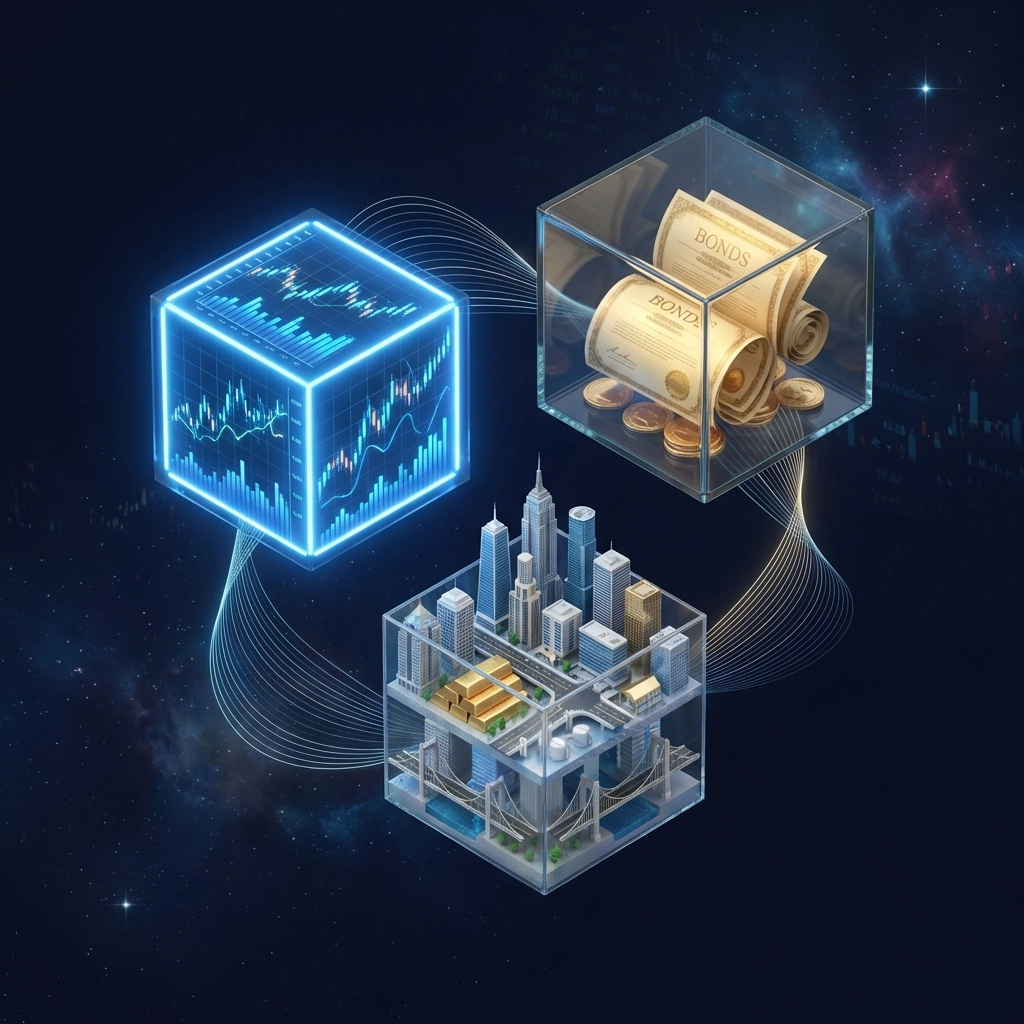 Illustration of diversified portfolio strategy with interconnected cubes for equities, bonds, and alternative investments