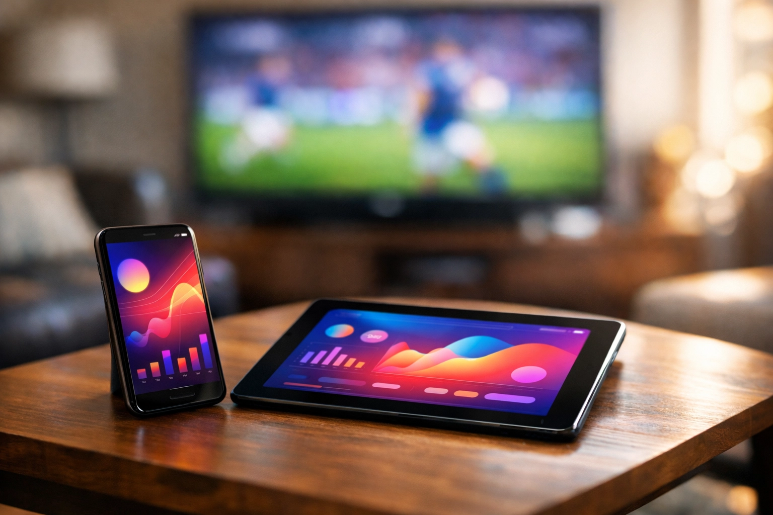 Mobile devices displaying data alongside a sports broadcast to illustrate second-screen Super Bowl engagement.