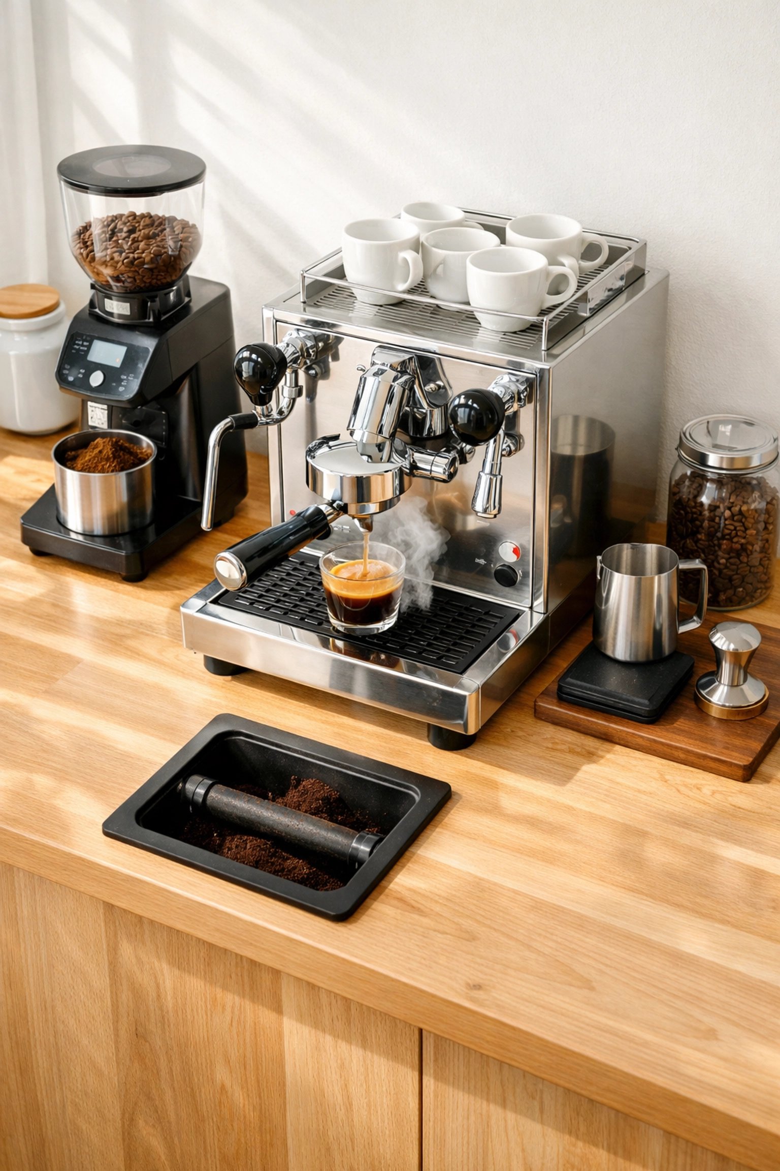 An efficient coffee shop set up featuring a professional espresso machine and grinder on a wooden counter.
