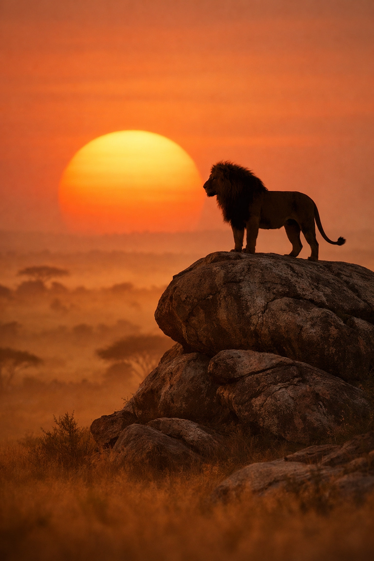 A lion silhouetted against a Serengeti sunrise, marking one of the best photography locations in Africa.