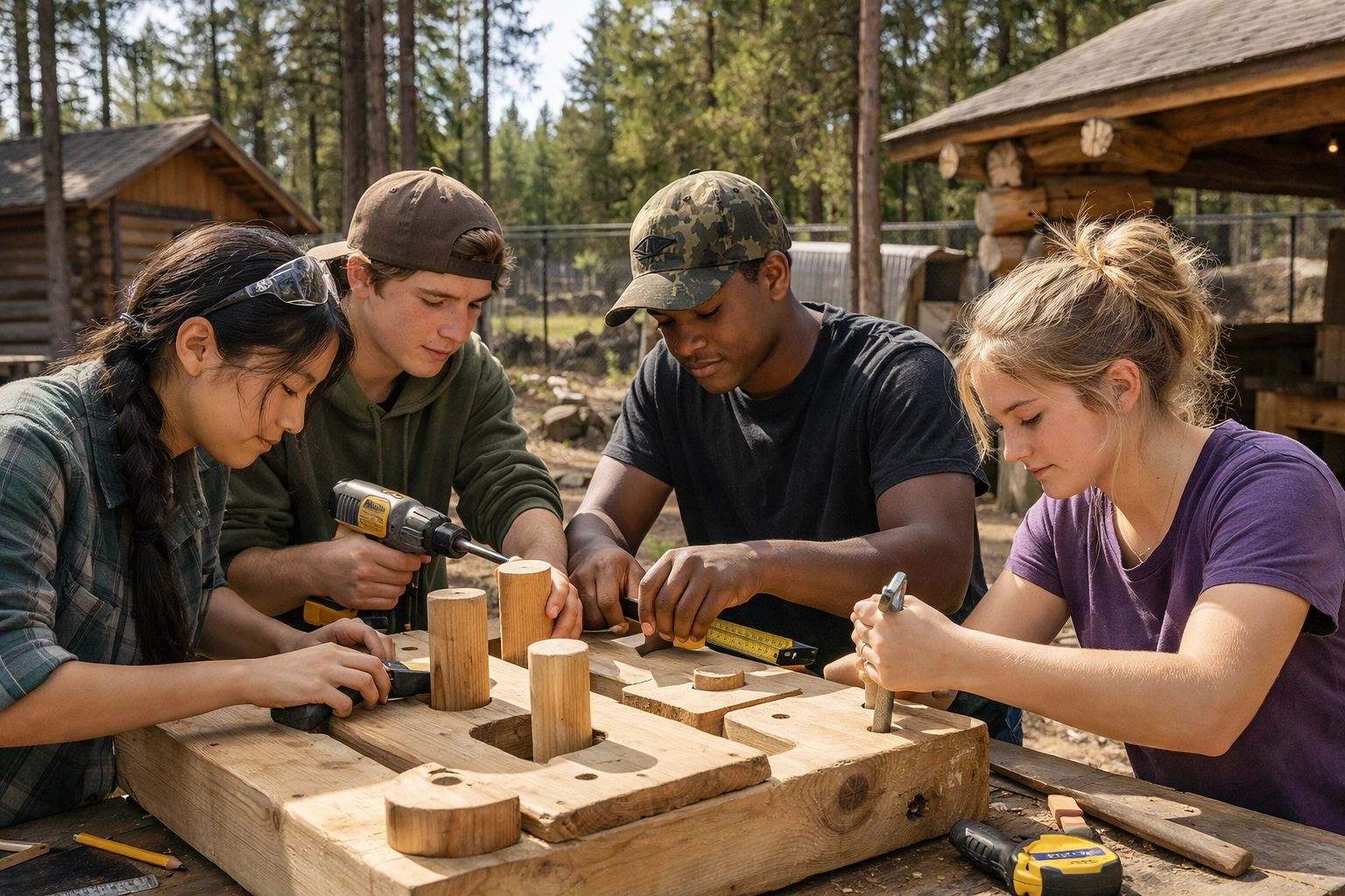 Students building a wooden enrichment puzzle for grizzly bears during a service-based Yellowstone student trip.