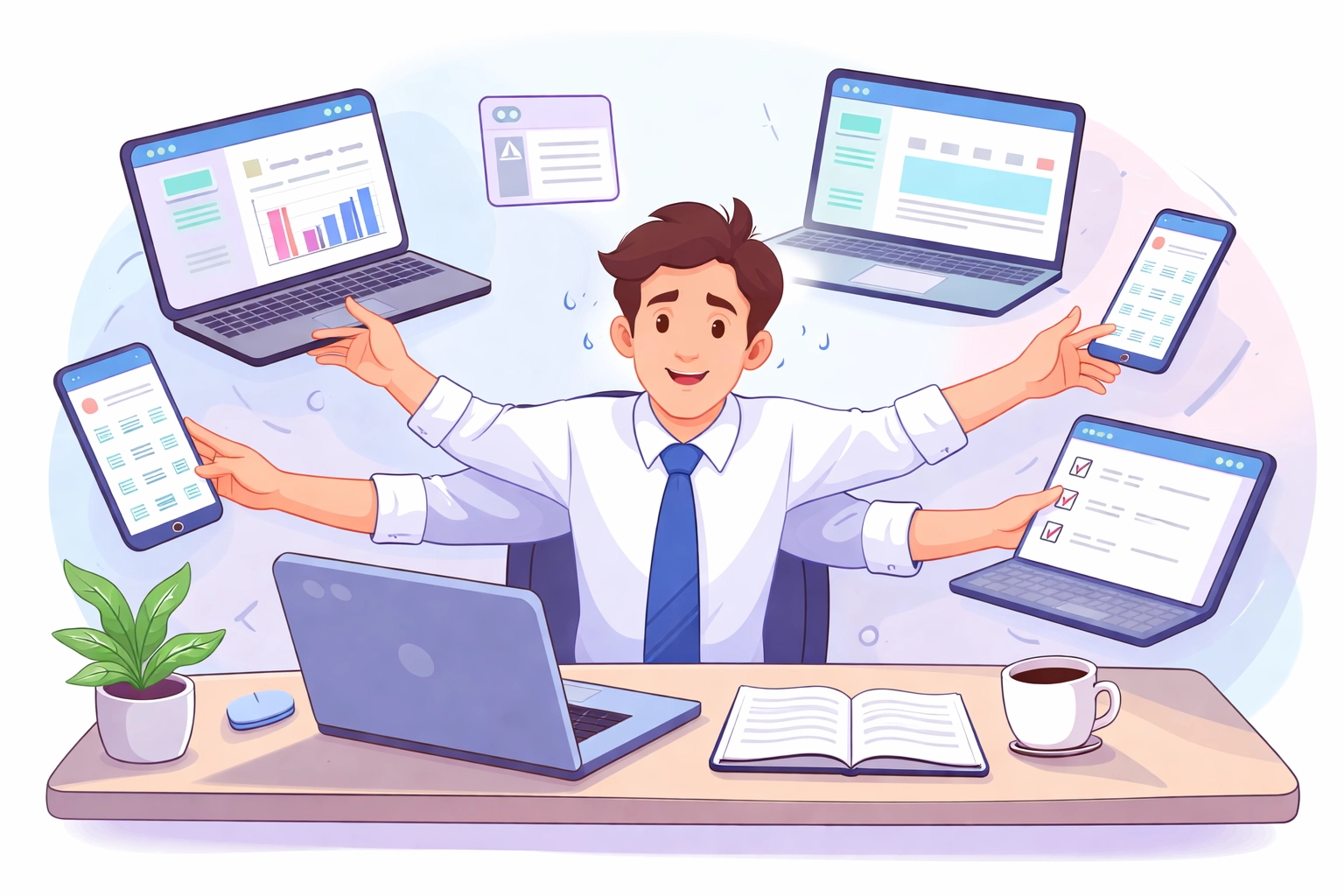 Overwhelmed business person surrounded by multiple devices, illustrating struggles with disconnected management systems.