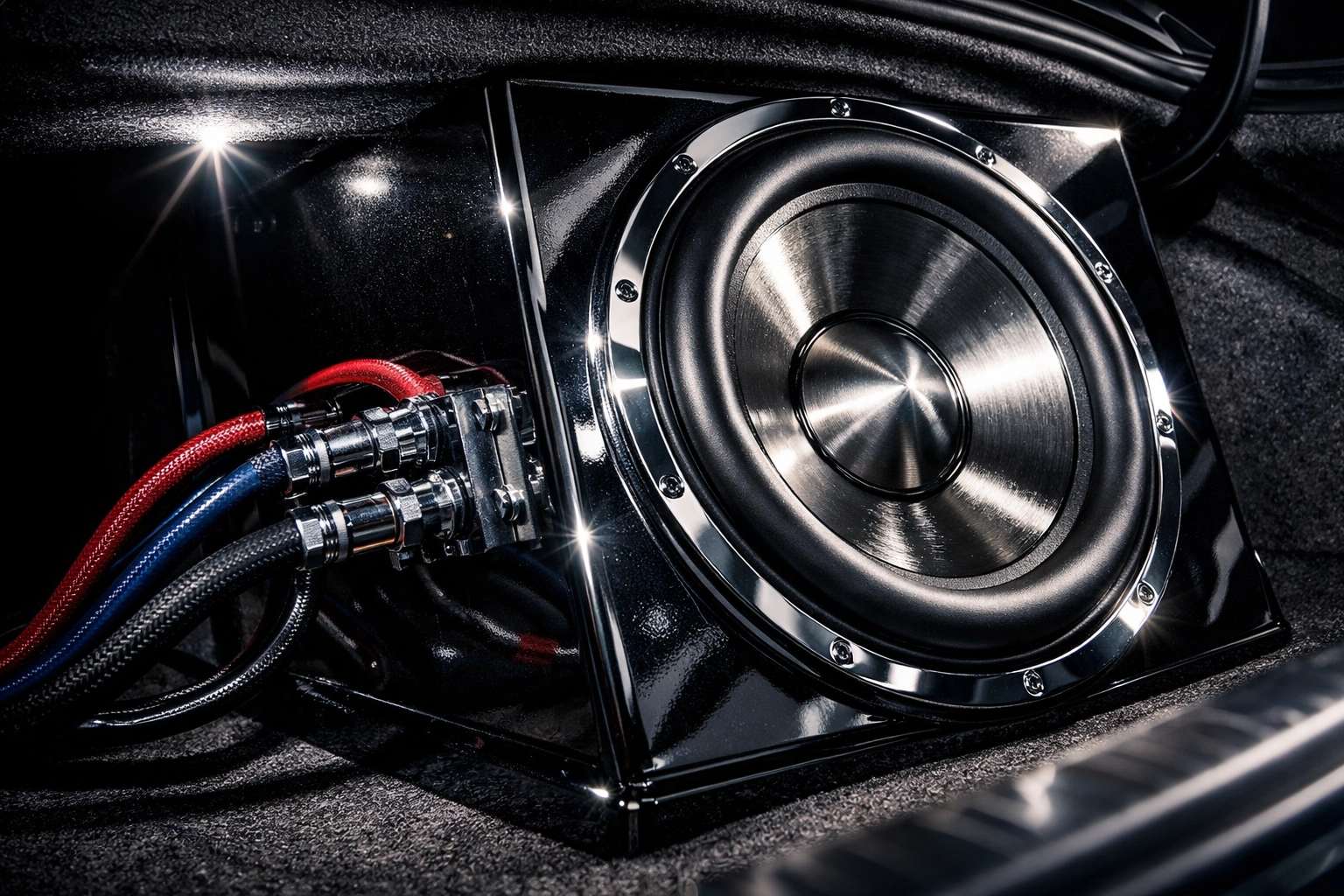 Custom subwoofer enclosure installed in vehicle trunk with professional wiring