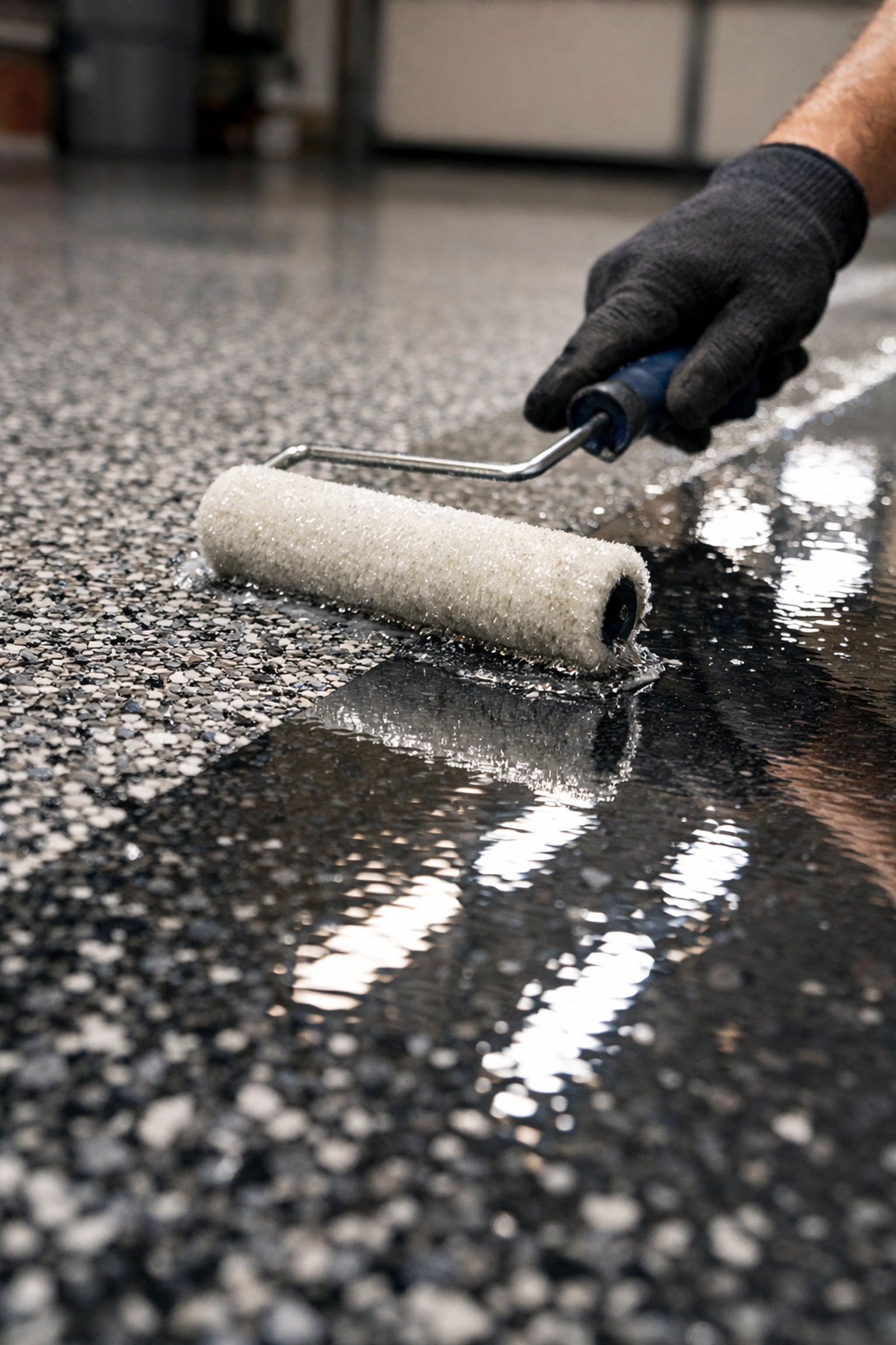 Professional installation of a high-gloss polyaspartic topcoat over a decorative flake garage floor.
