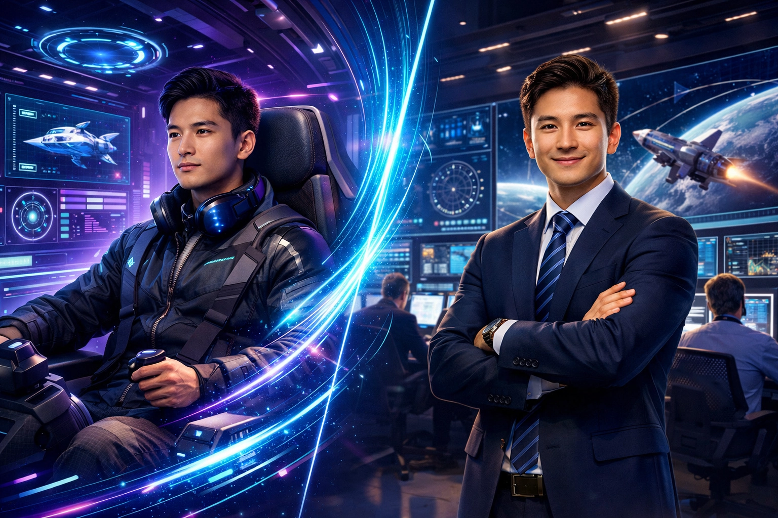 A futuristic visualization of the EsportsPod talent pipeline connecting high school simulations to professional leadership.