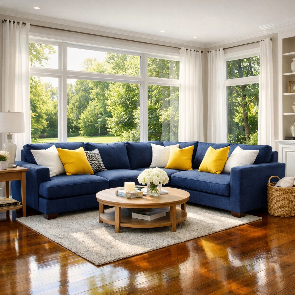 Sparkling clean living room in Acton MA with polished hardwood floors and tidy modern decor.