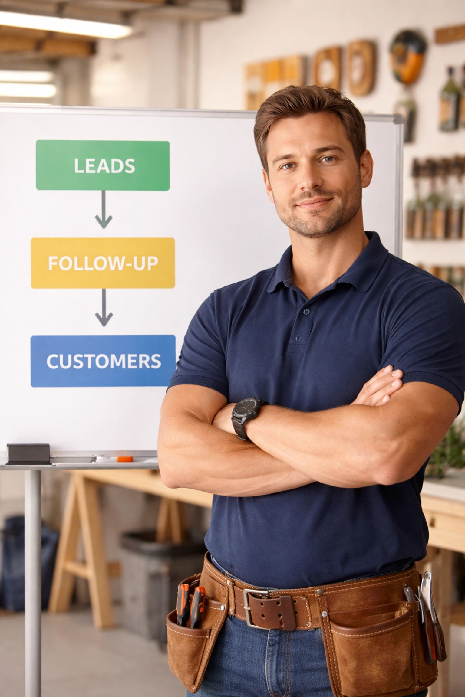 Confident trade business owner standing by whiteboard flowchart