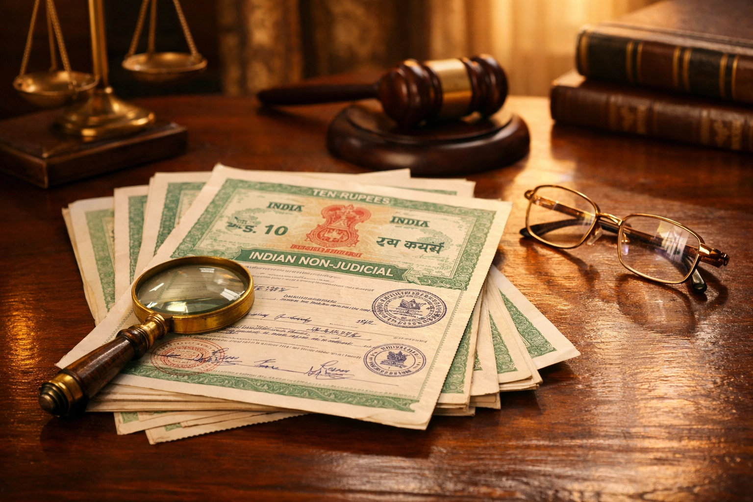 Legal stamp papers and magnifying glass on a lawyer's desk for Indian property title verification.