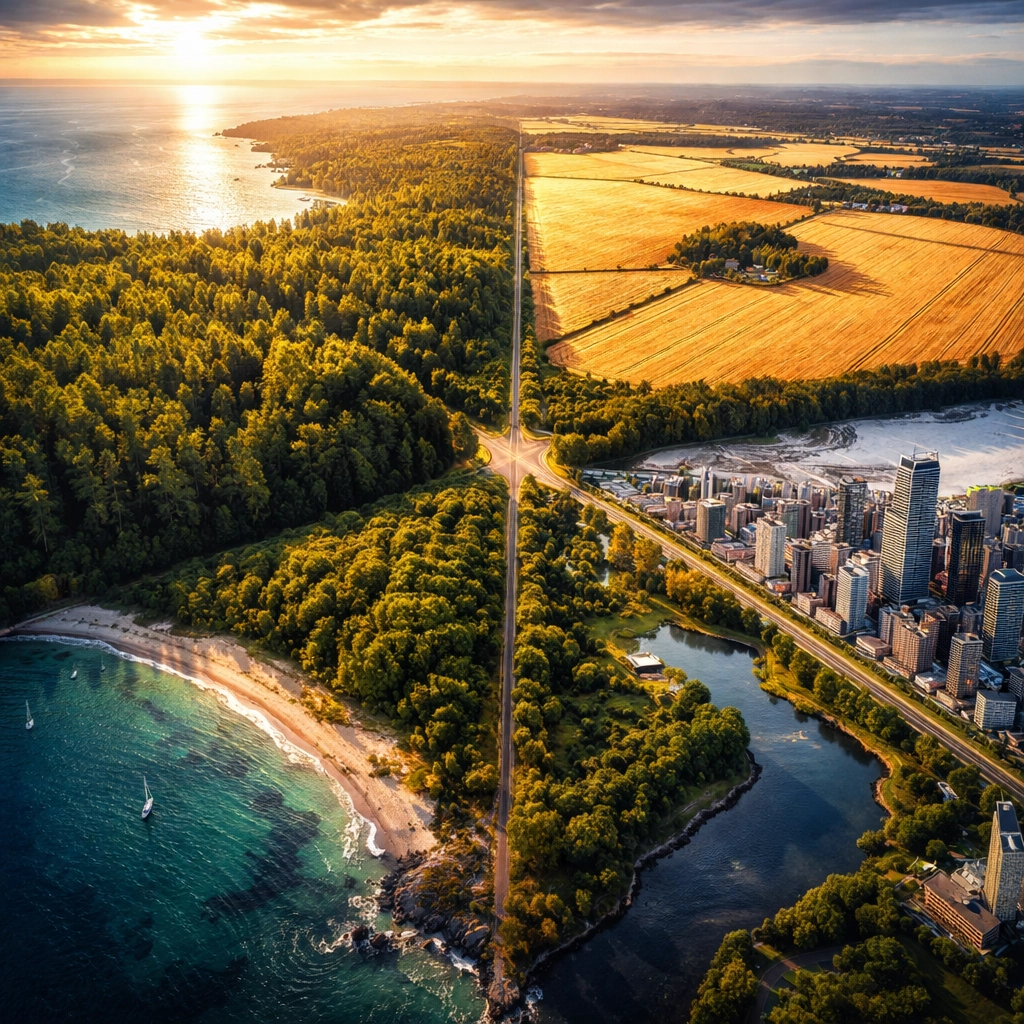 Aerial view of diverse assets: forest, farmland, city, and ocean: converging to illustrate portfolio balance