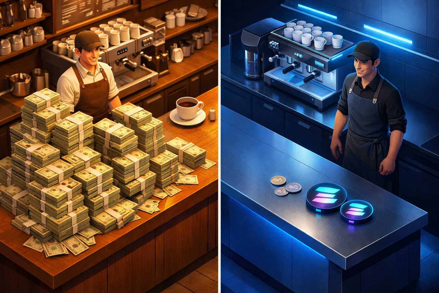 Coffee shop merchant fee comparison between traditional payment processors and Larecoin Web3 solution