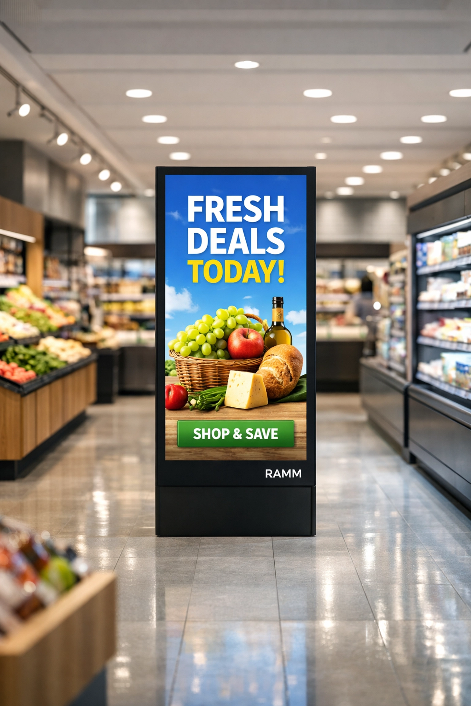 In-store digital display in a premium retail aisle illustrating effective venue-based DOOH targeting.