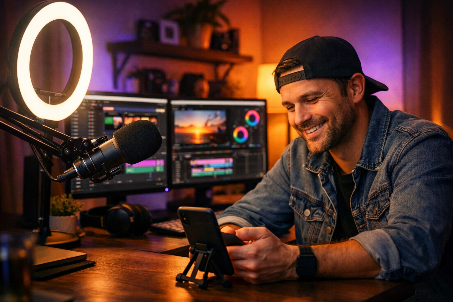 Content creator in a home studio using a smartphone app to manage blogging for beginners income and taxes.