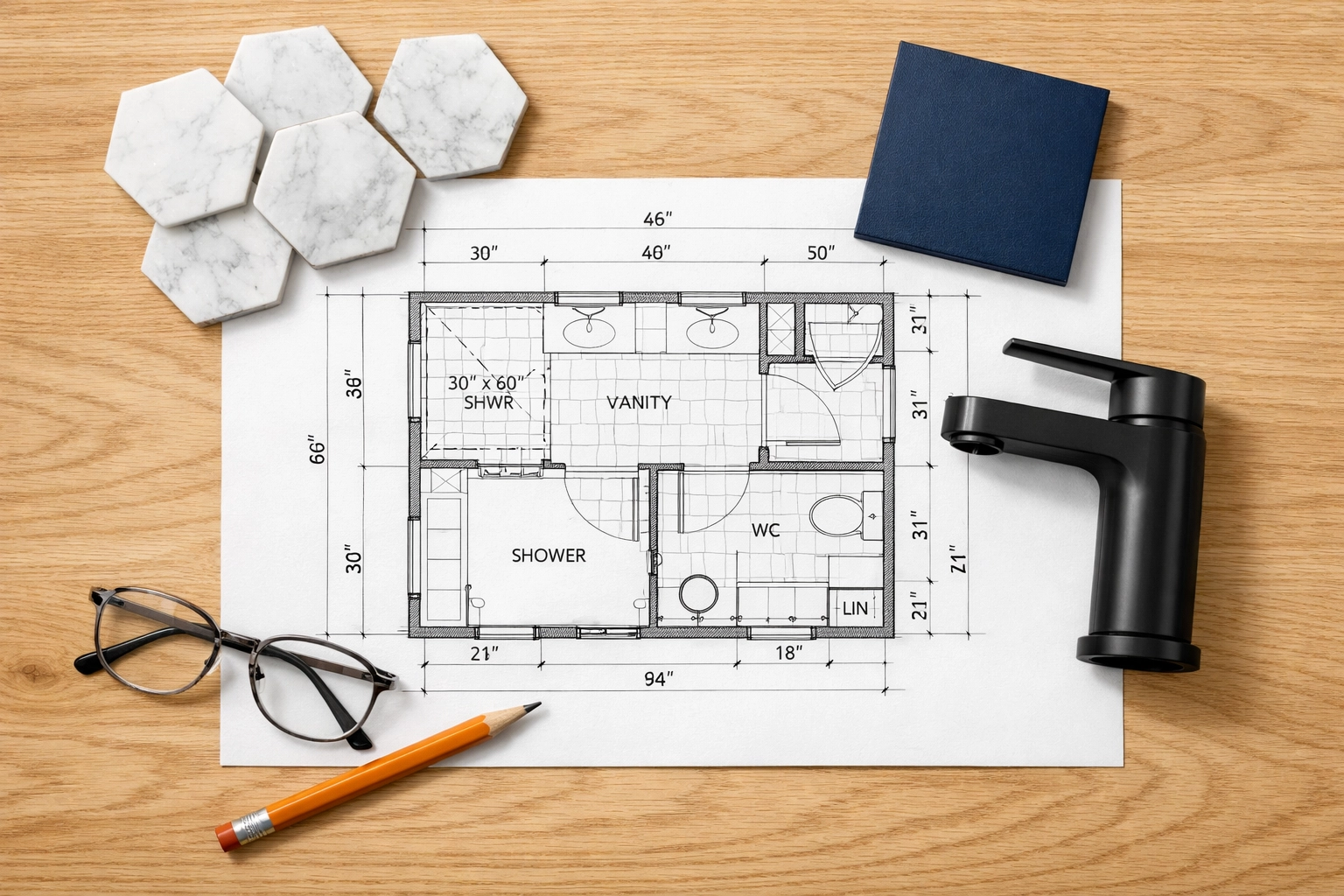 Bathroom remodeling floor plan and material samples for a Philadelphia home renovation project.
