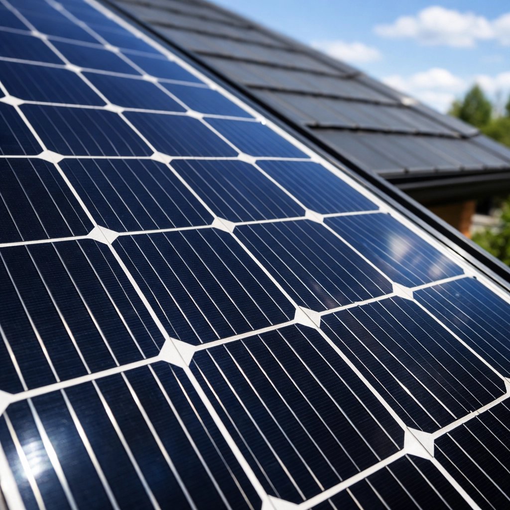 High-quality monocrystalline solar panels installed on a modern residential roof in Ferndown, Dorset.