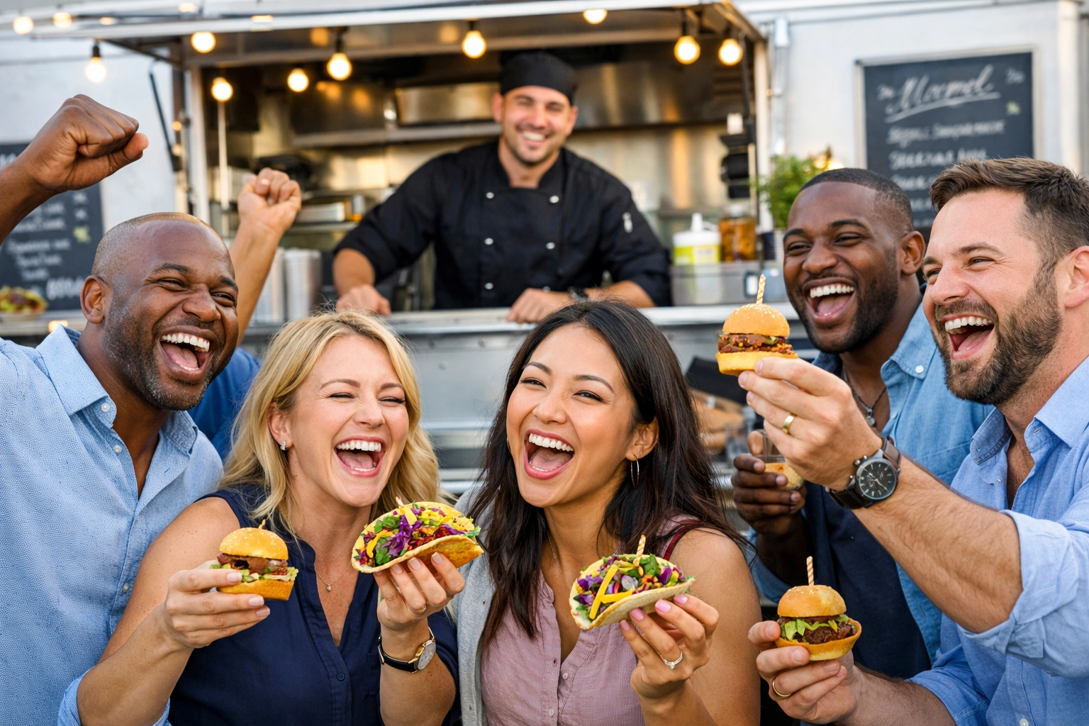 Coworkers enjoying gourmet sliders and tacos at an outdoor company party catered by 801 Food Trucks.