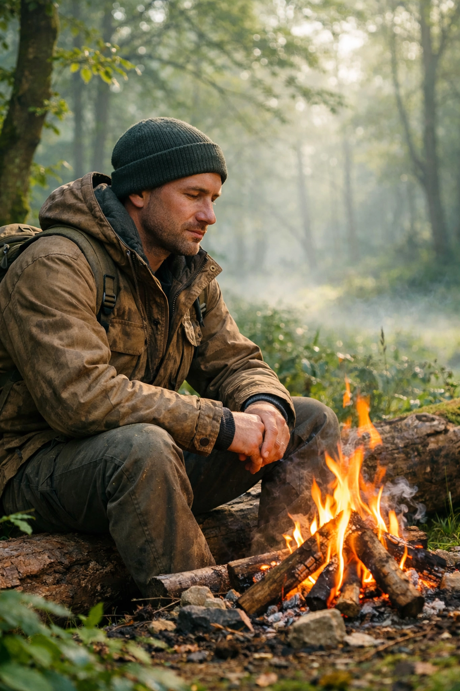 Adventurer sitting by a campfire in misty UK woods during a wild camping guided UK trip.