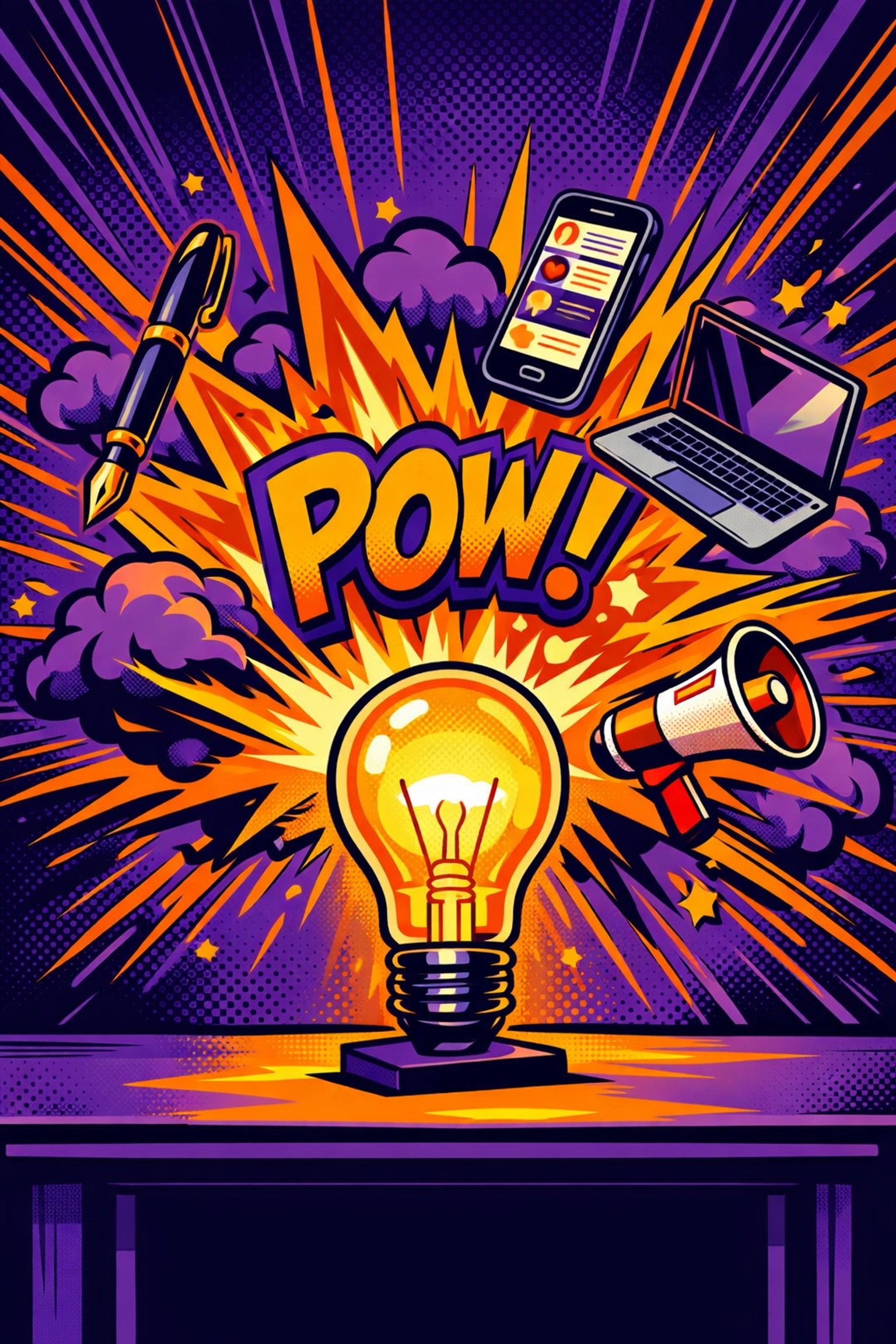 An AI content generator for small business exploding with creative marketing posts and social media content.