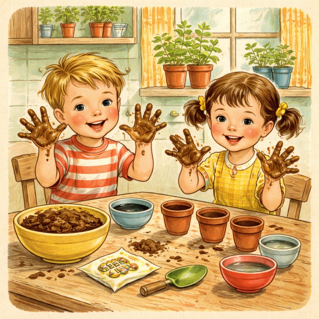Two children making seed bombs at a kitchen table with compost, seeds, and water for a butterfly garden craft.