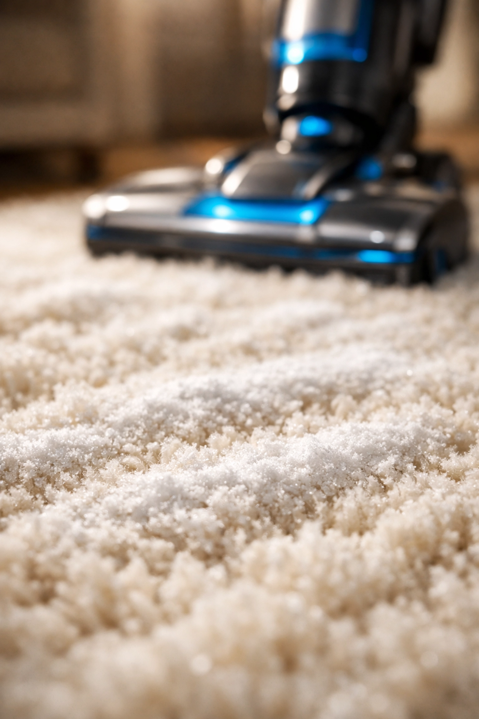 Baking soda sprinkled on a plush rug to naturally deodorize and refresh carpet fibers.