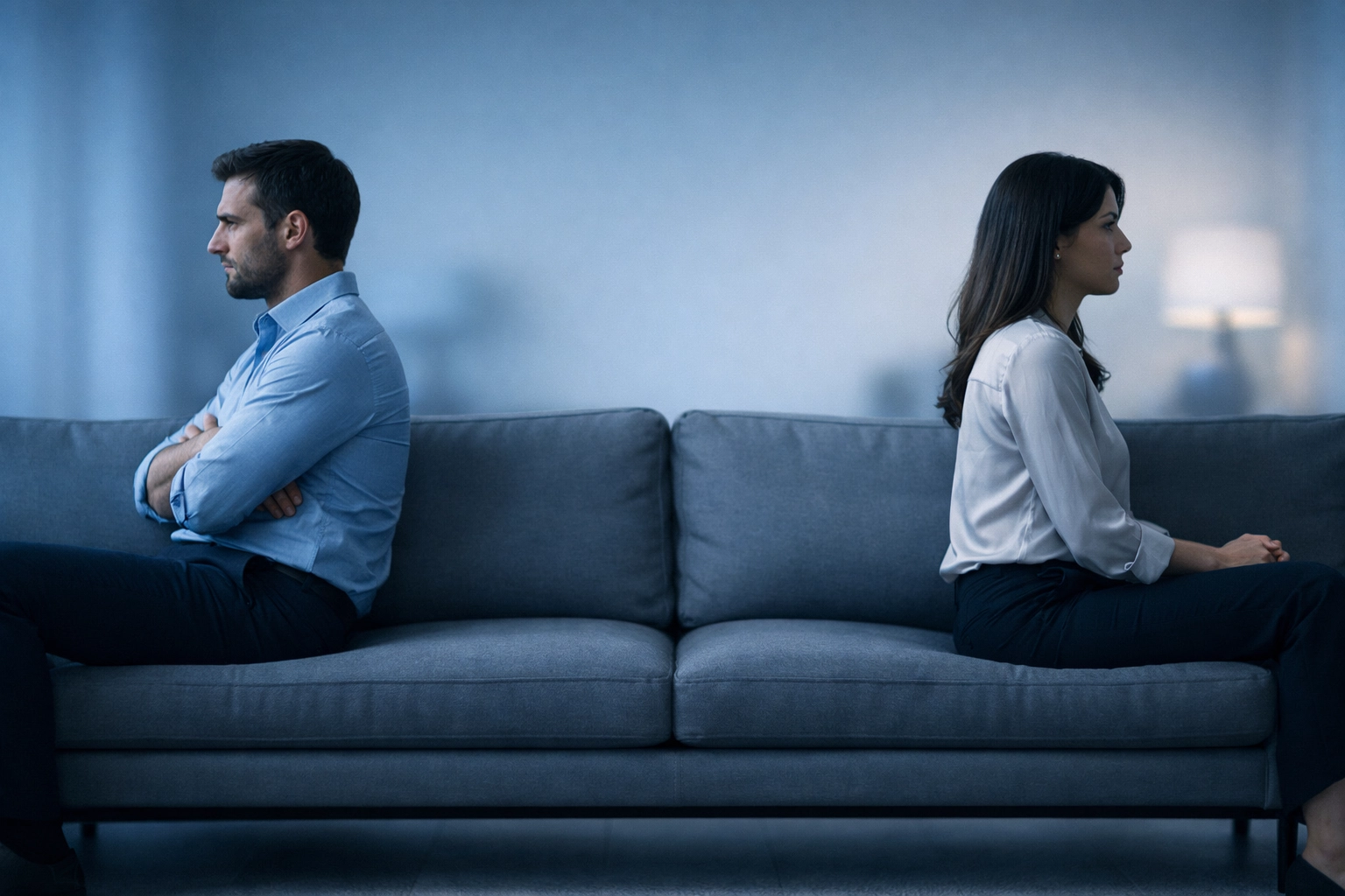 A couple sits apart on a sofa, illustrating nervous system withdrawal and emotional distance during conflict.